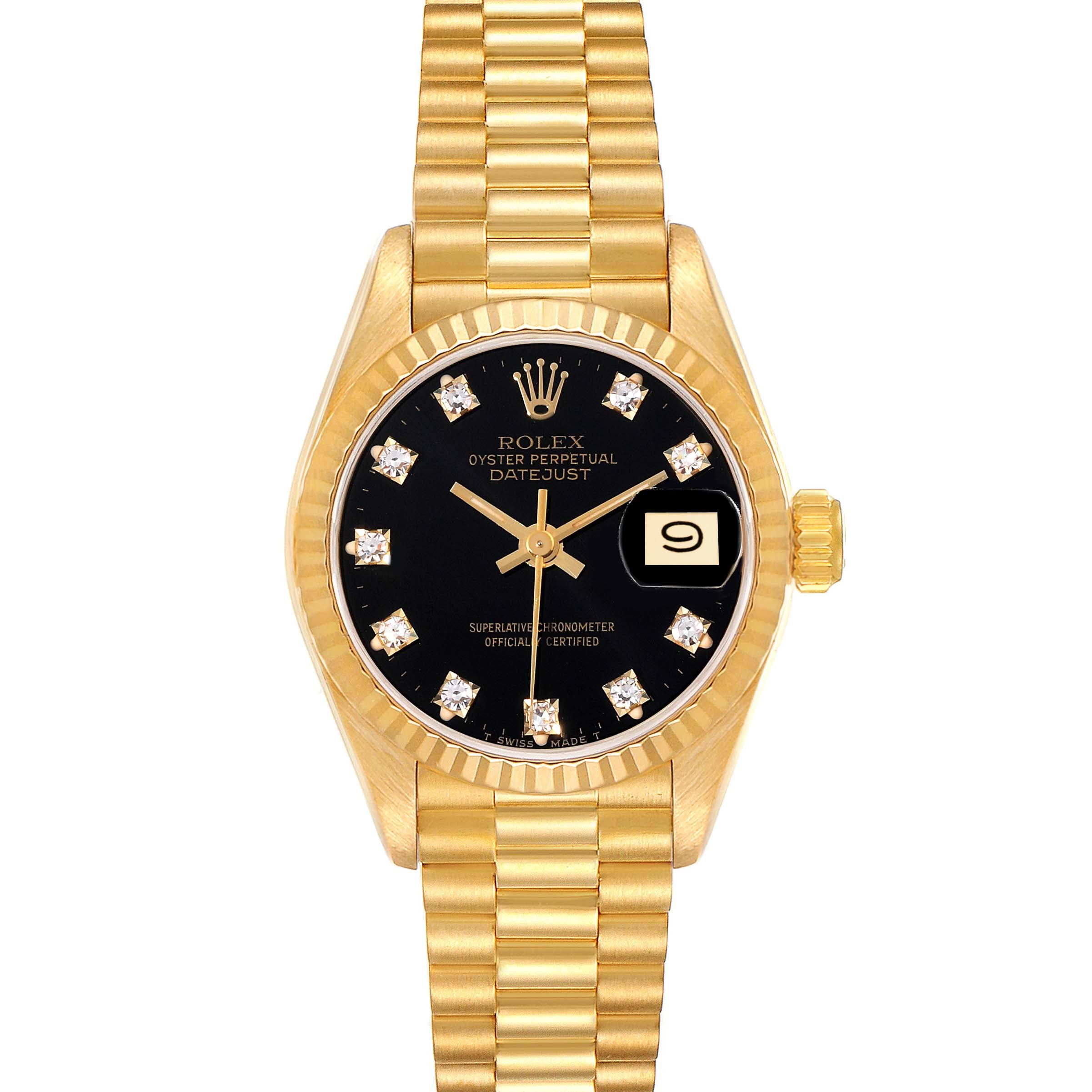 Rolex President Yellow Gold Black Diamond Dial Ladies Watch 69178
