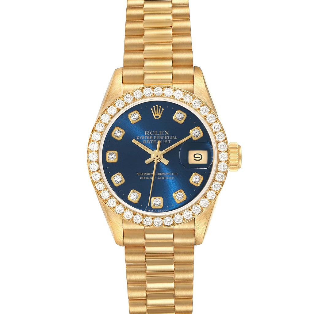 Rolex President Yellow Gold Blue Diamond Ladies Watch 69138