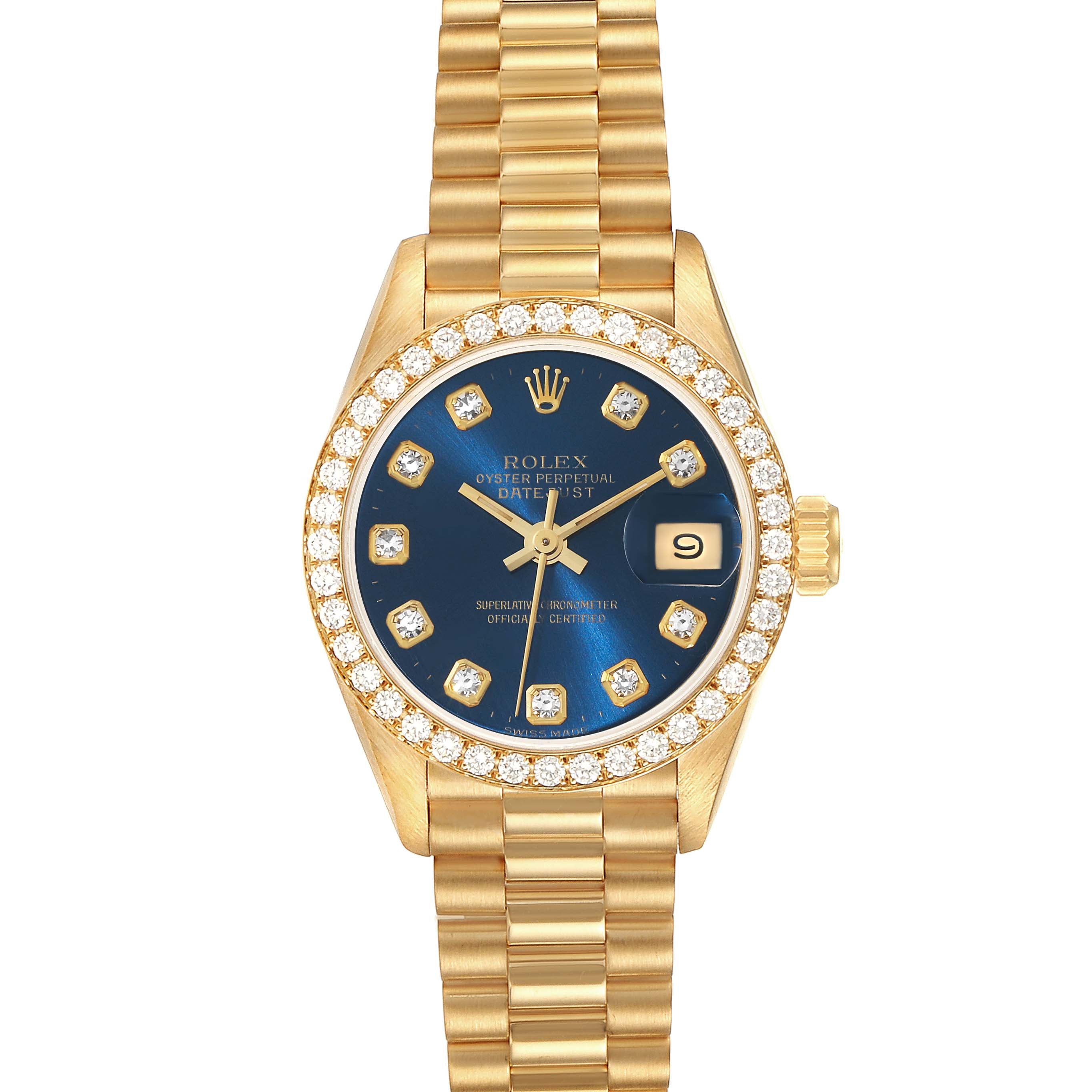 Rolex President Yellow Gold Blue Diamond Ladies Watch 69138