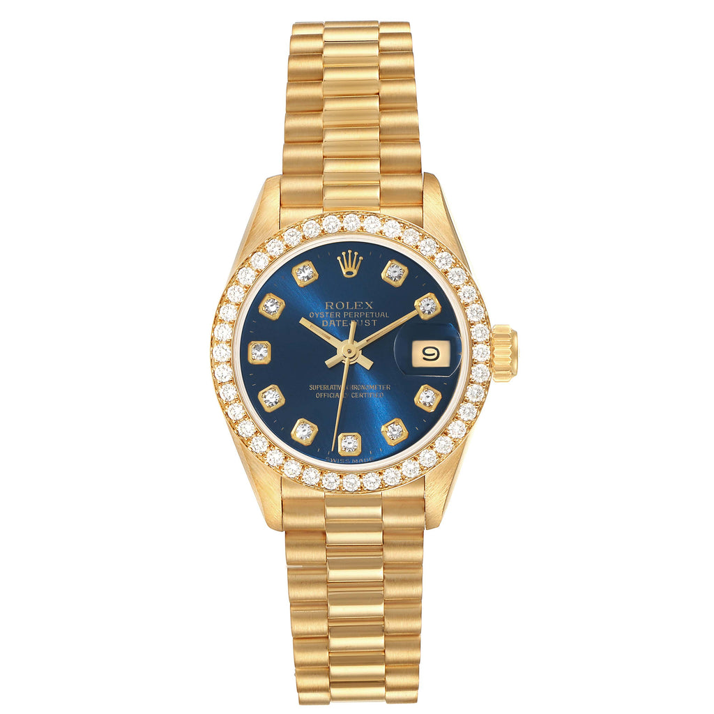 Rolex President Yellow Gold Blue Diamond Ladies Watch 69138
