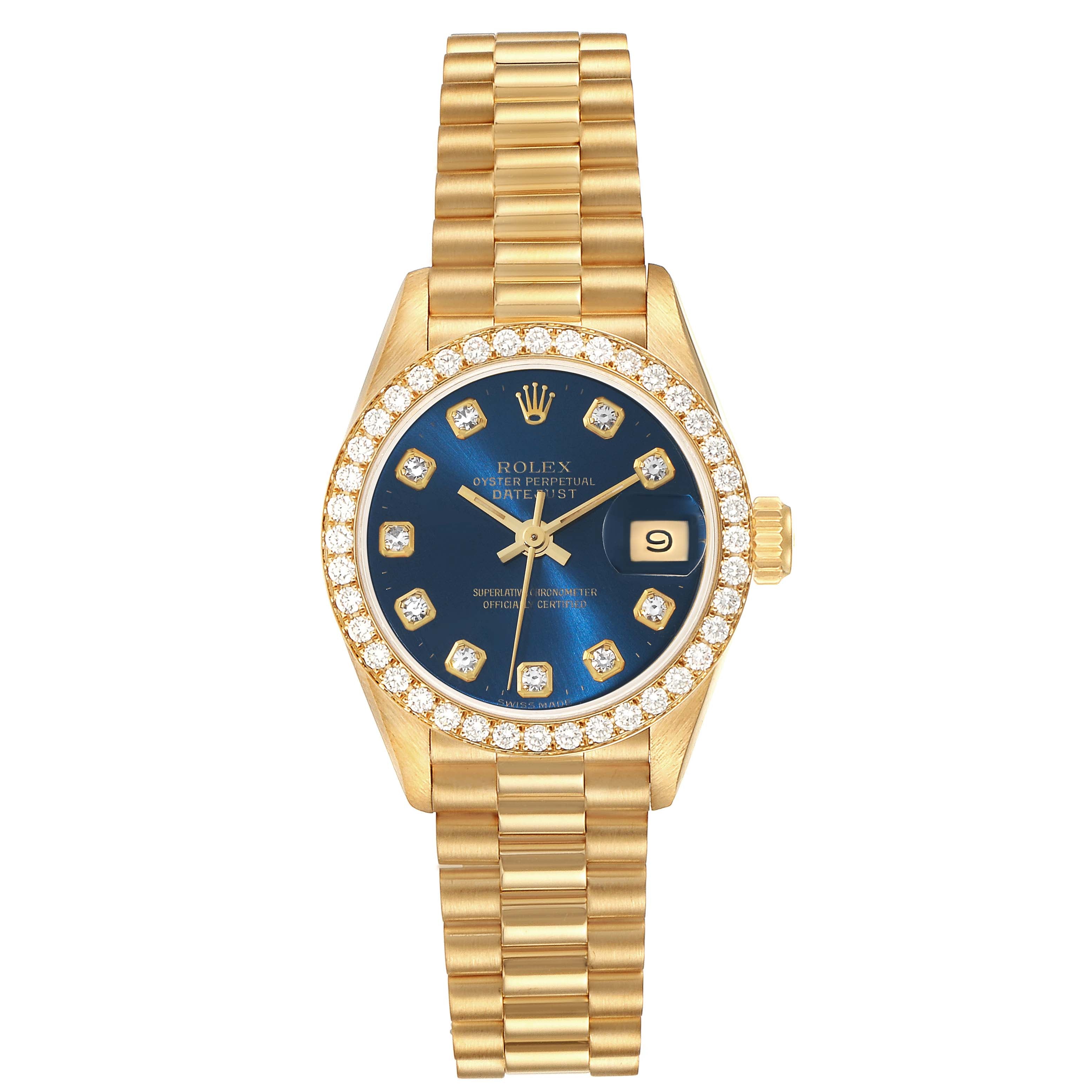 Rolex President Yellow Gold Blue Diamond Ladies Watch 69138