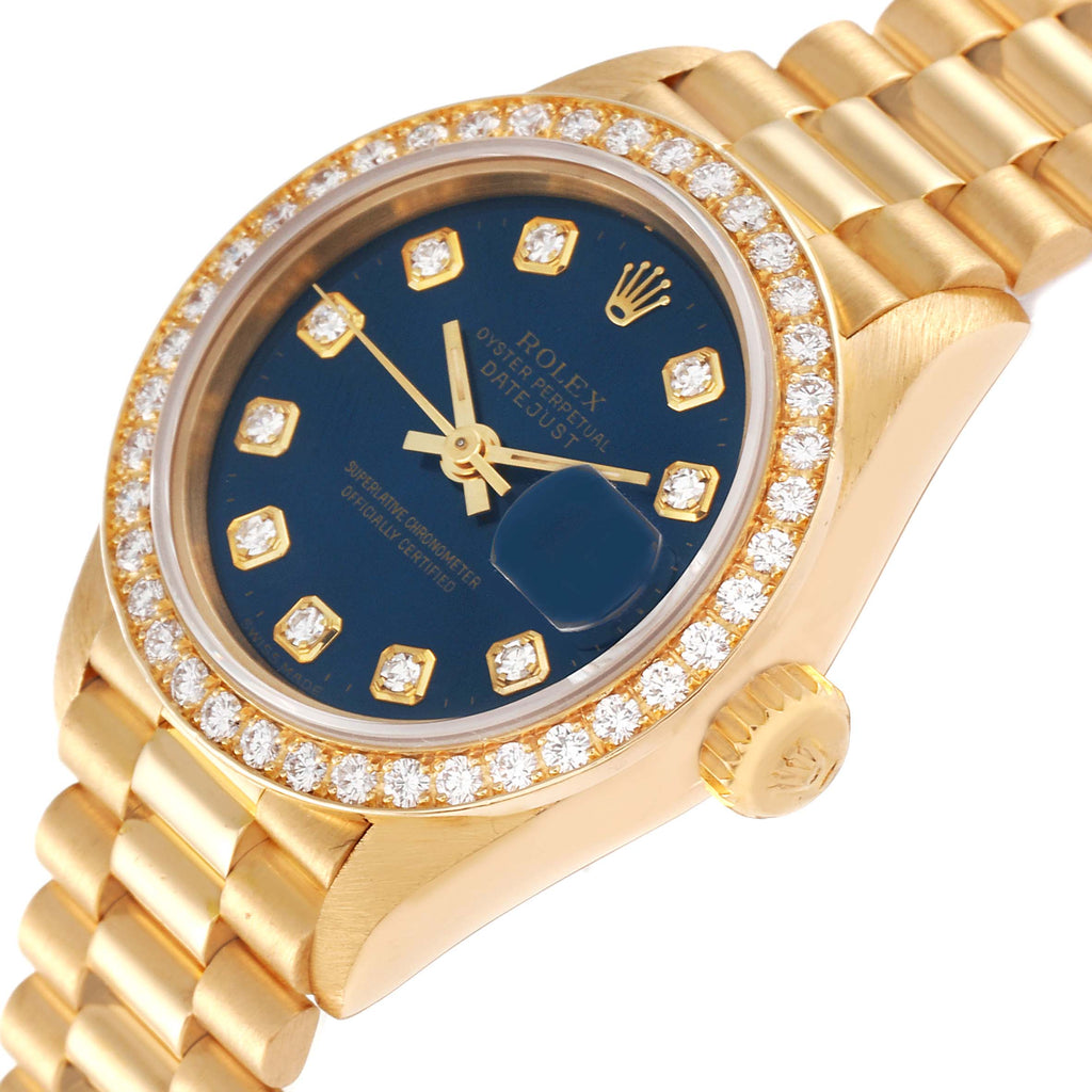 Rolex President Yellow Gold Blue Diamond Ladies Watch 69138
