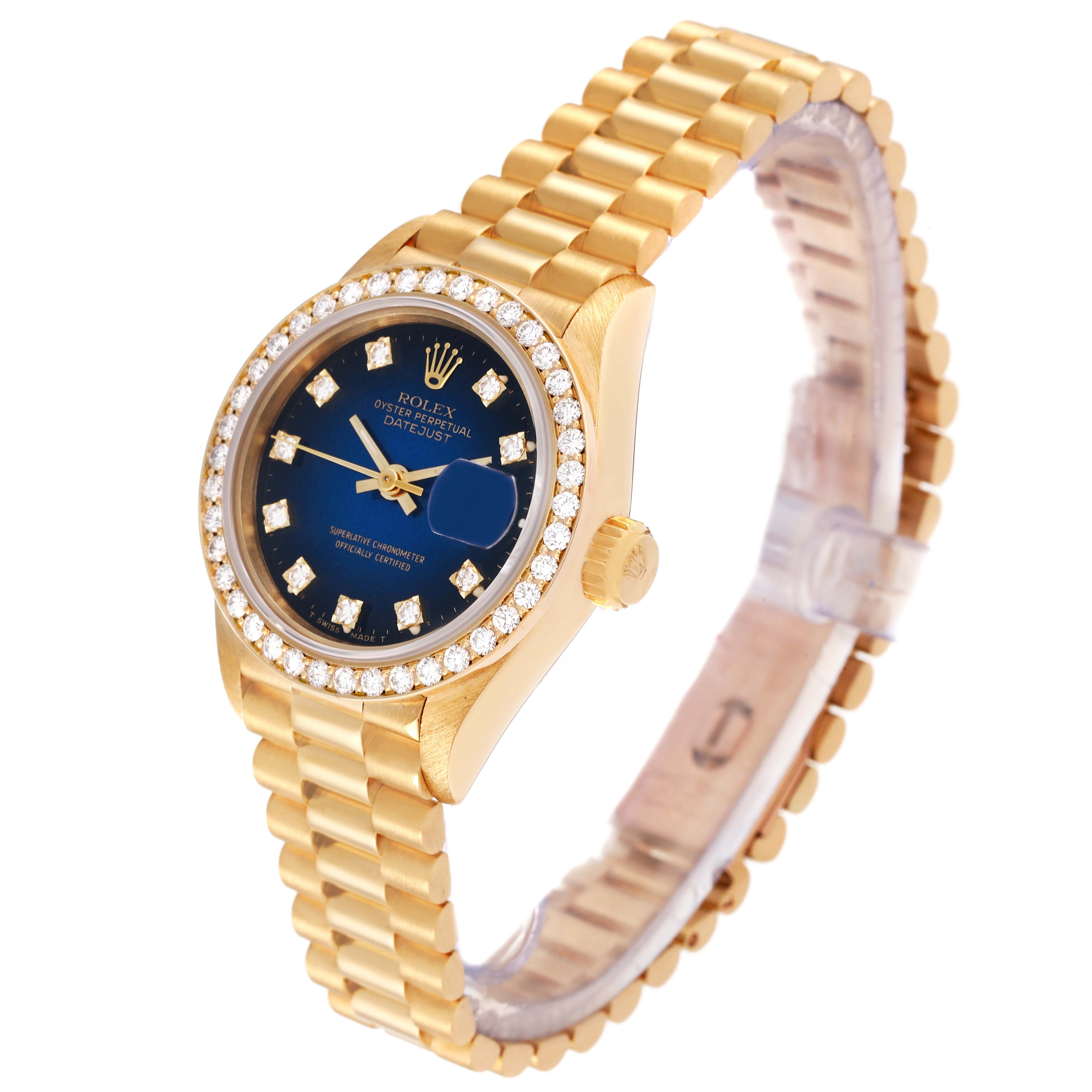 Rolex President Yellow Gold Blue Vignette Diamond Ladies Watch 69138 Box Papers