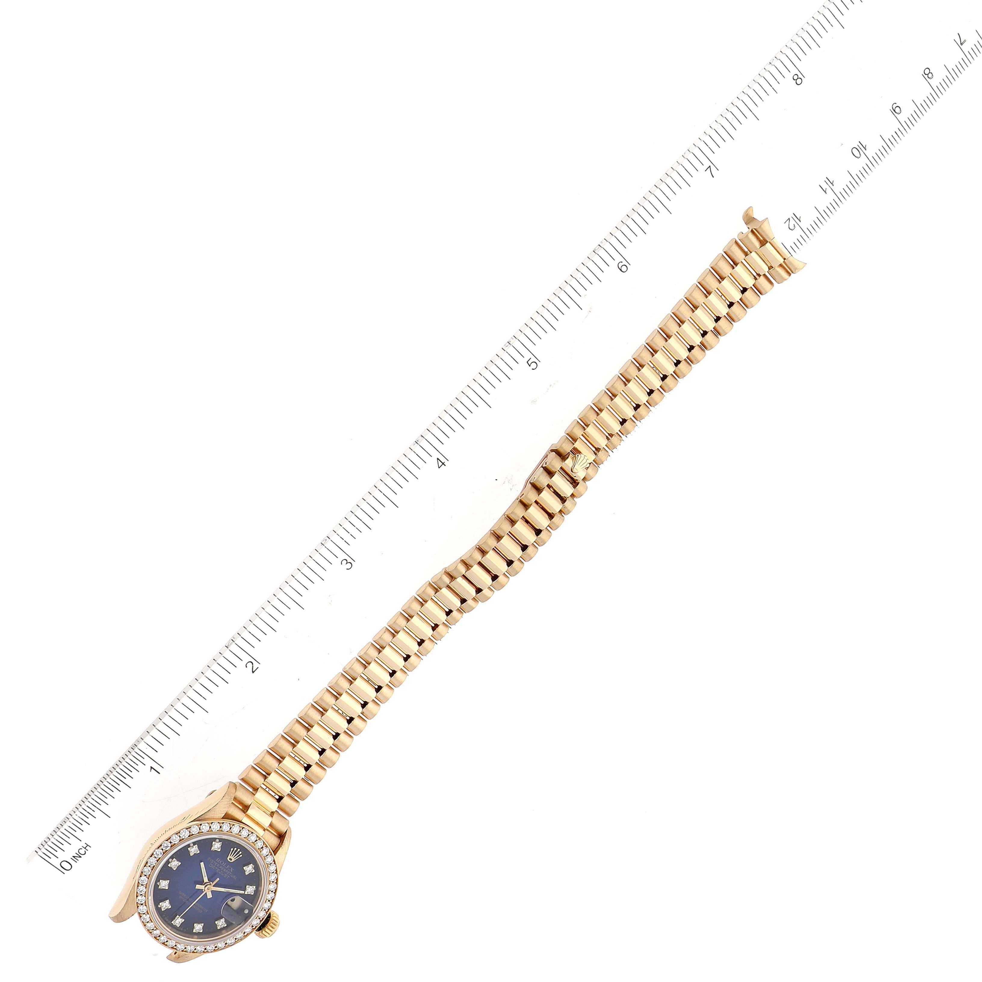 Rolex President Yellow Gold Blue Vignette Diamond Ladies Watch 69138 Box Papers