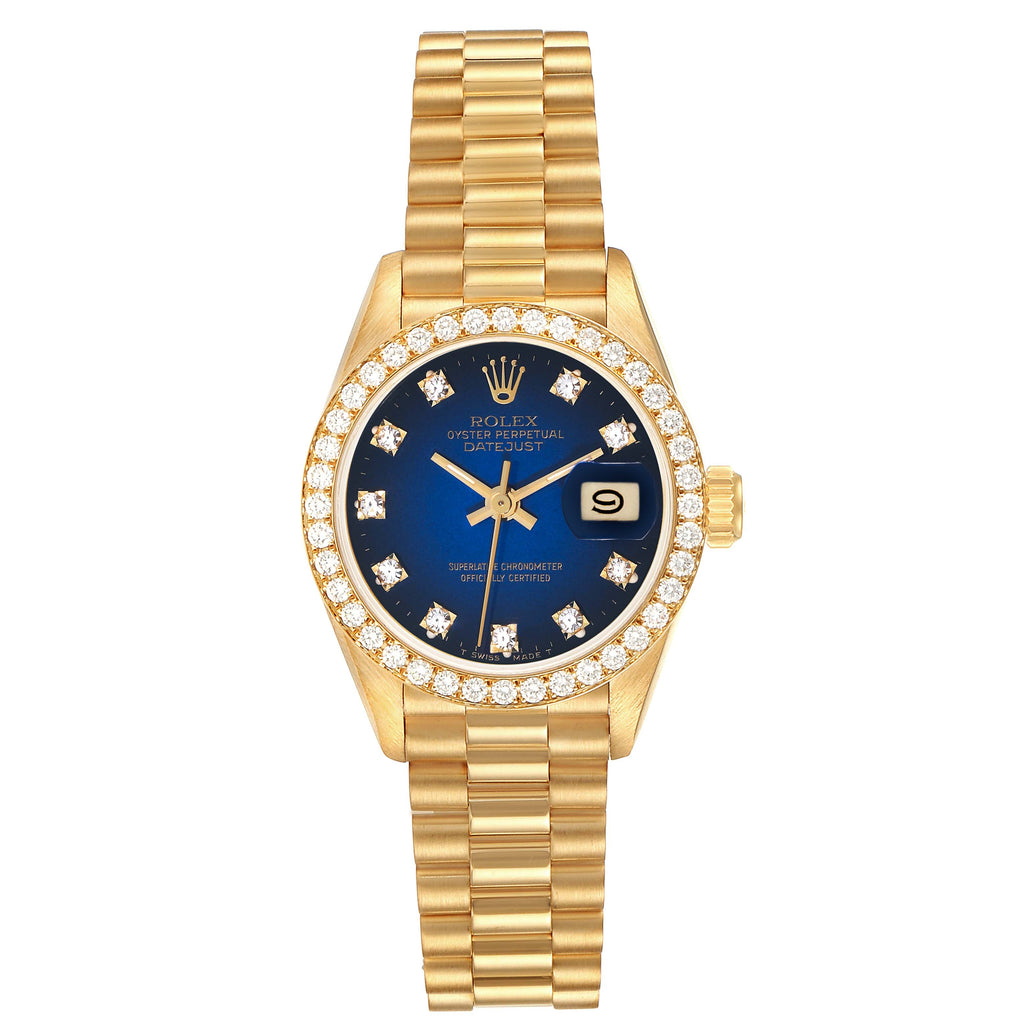 Rolex President Yellow Gold Blue Vignette Diamond Ladies Watch 69138 Box Papers