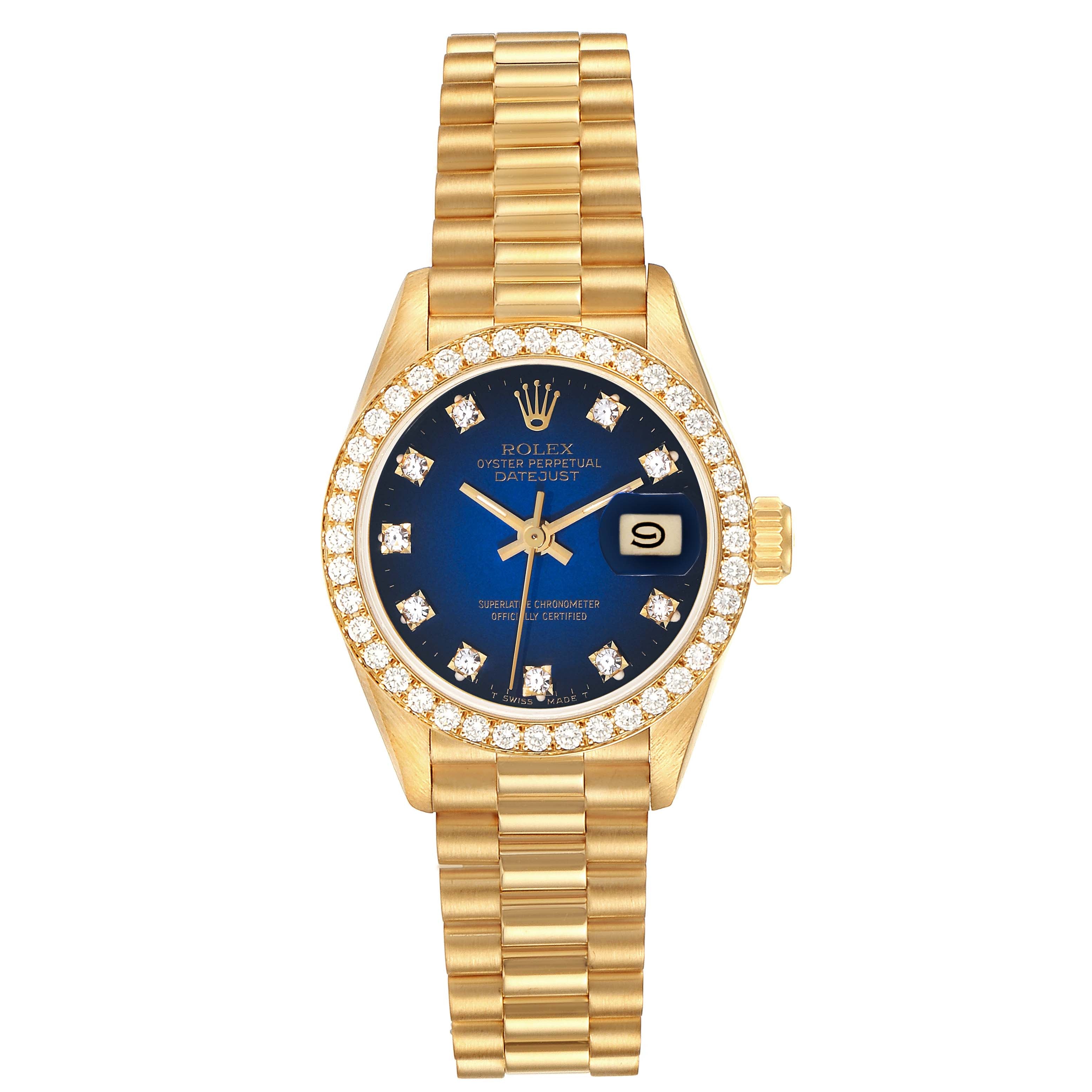 Rolex President Yellow Gold Blue Vignette Diamond Ladies Watch 69138 Box Papers