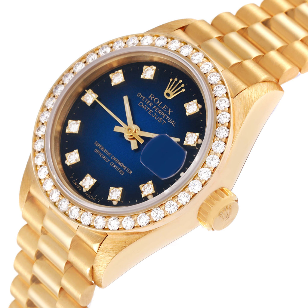 Rolex President Yellow Gold Blue Vignette Diamond Ladies Watch 69138 Box Papers