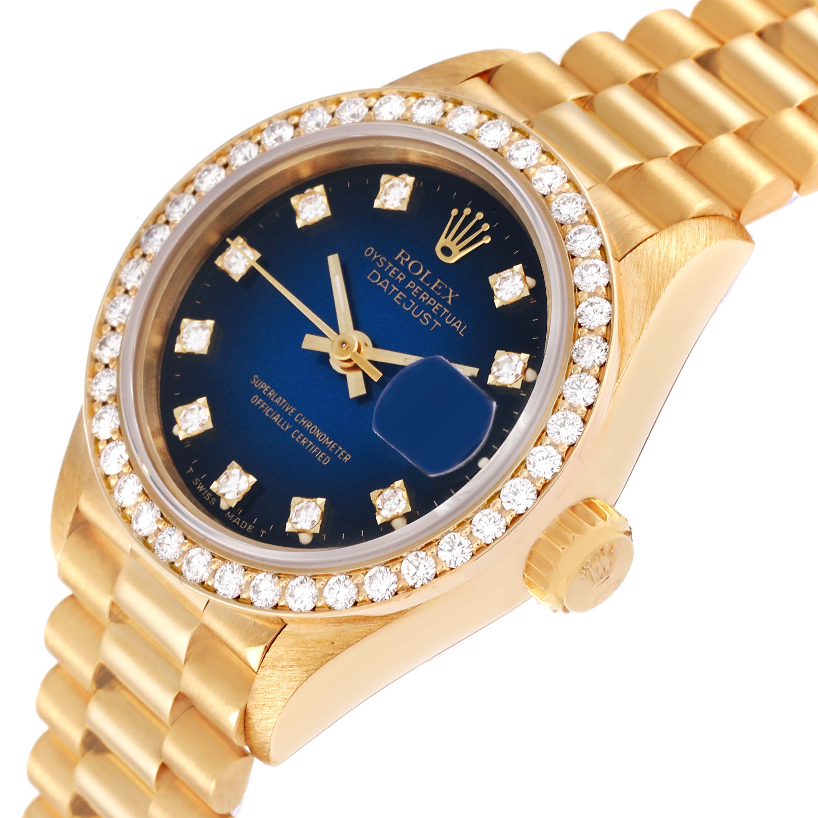 Rolex President Yellow Gold Blue Vignette Diamond Ladies Watch 69138 Box Papers