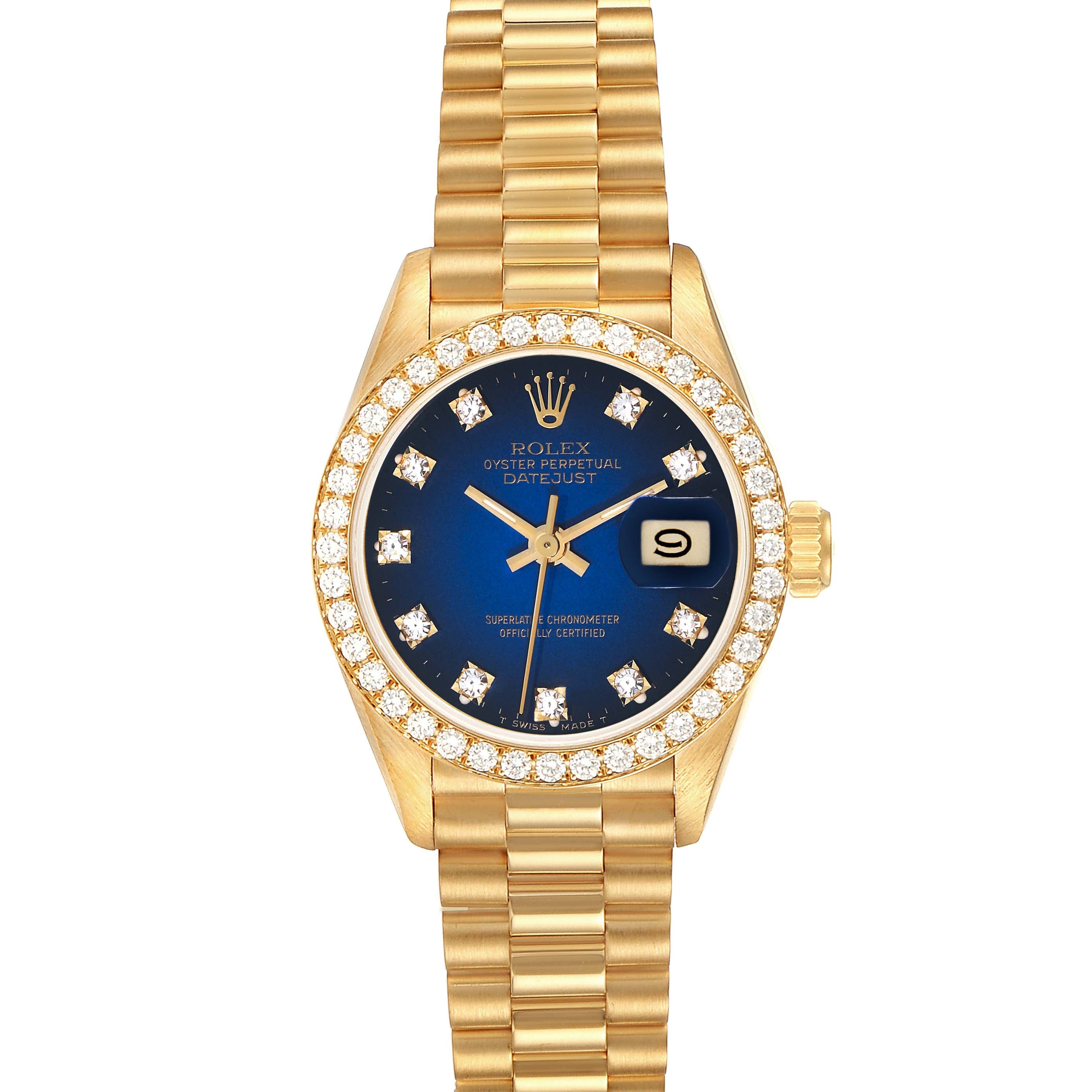 Rolex President Yellow Gold Blue Vignette Diamond Ladies Watch 69138 Box Papers