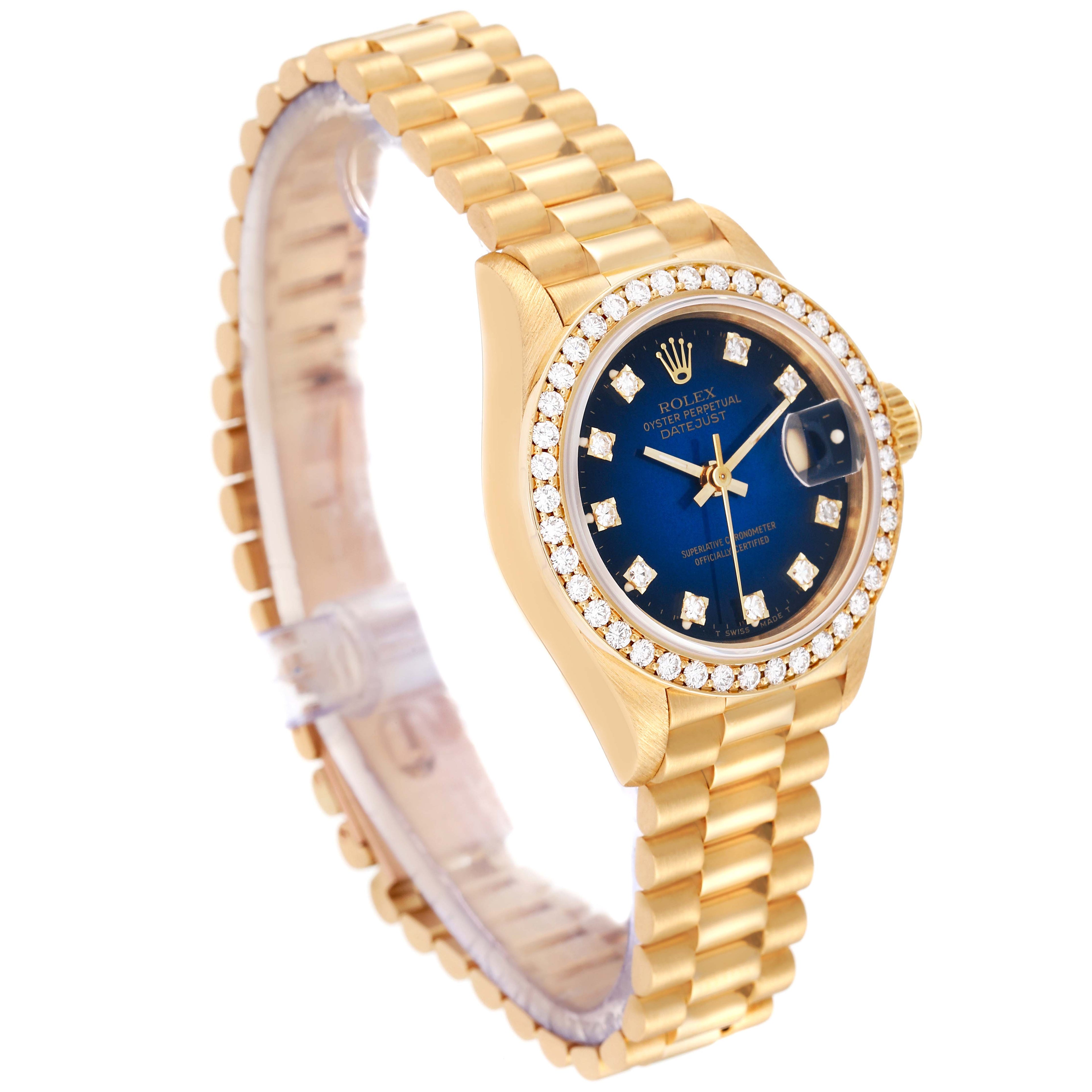 Rolex President Yellow Gold Blue Vignette Diamond Ladies Watch 69138 Box Papers