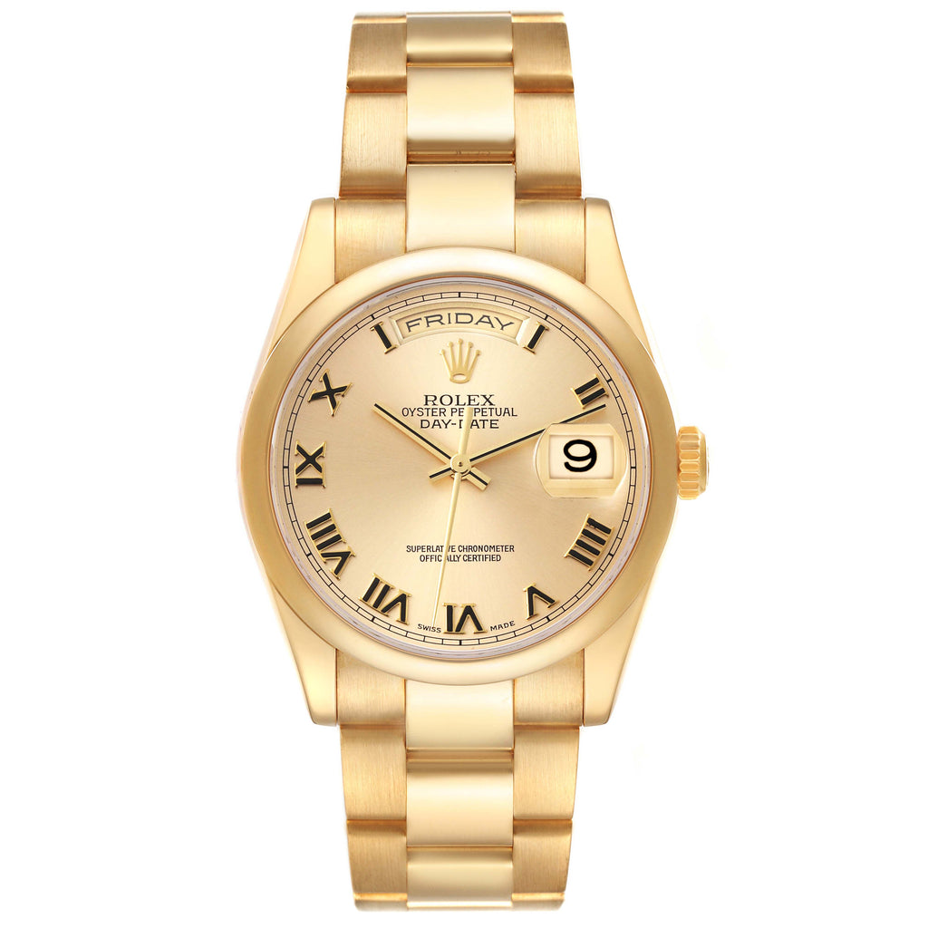 Rolex President Yellow Gold Champagne Roman Dial Mens Watch 118208 Box Papers