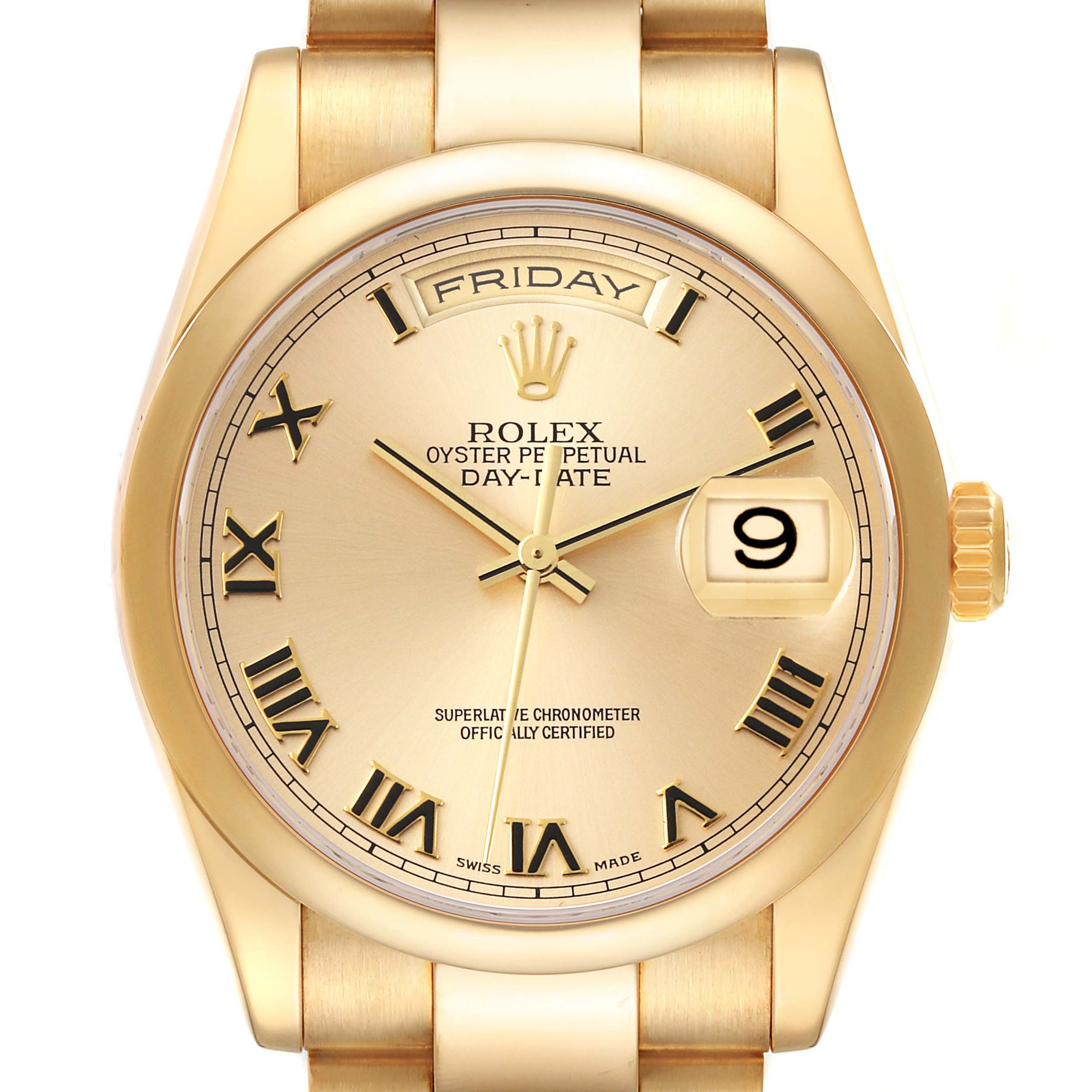Rolex President Yellow Gold Champagne Roman Dial Mens Watch 118208 Box Papers