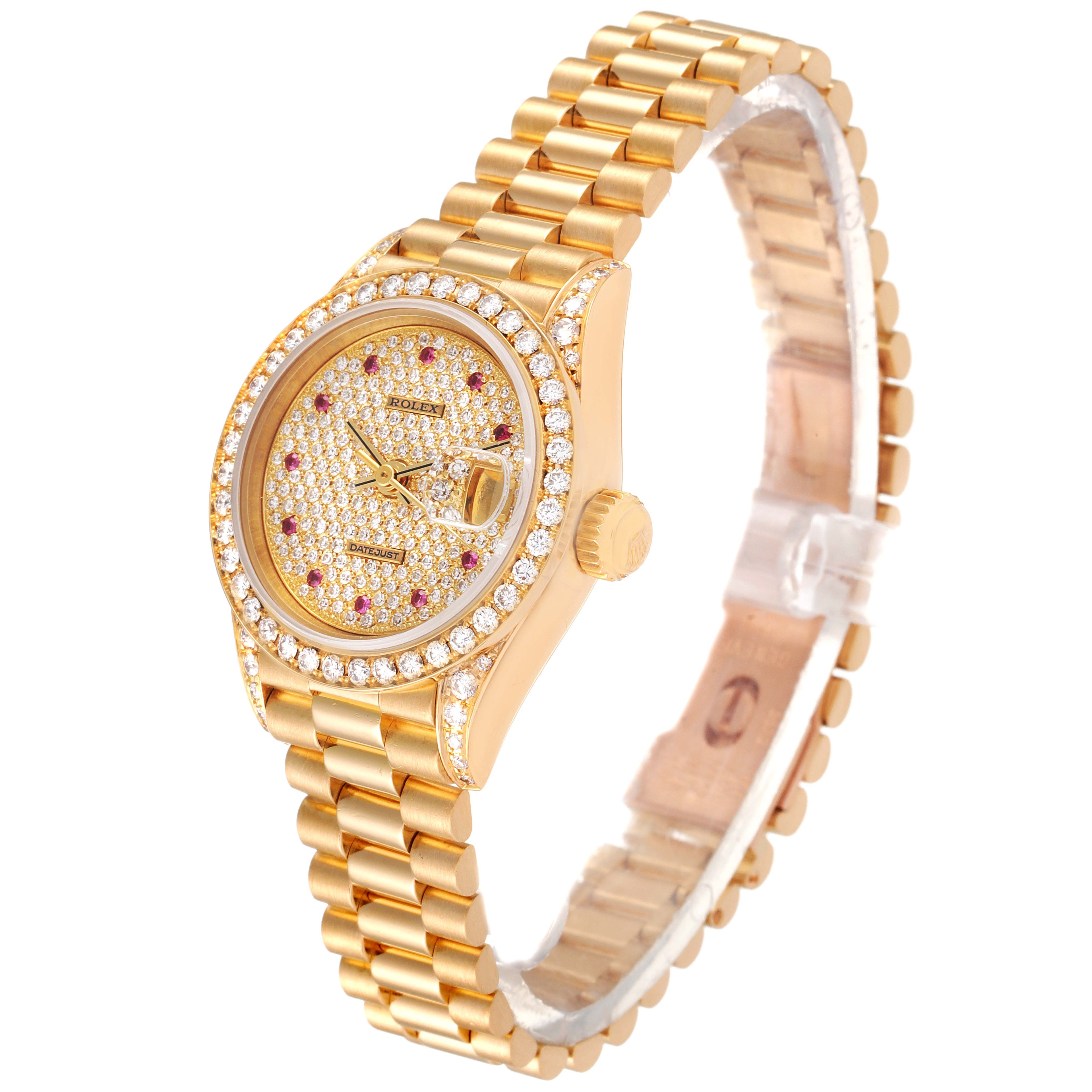 Rolex President Yellow Gold Diamond Rubies Ladies Watch 69158 Box Papers