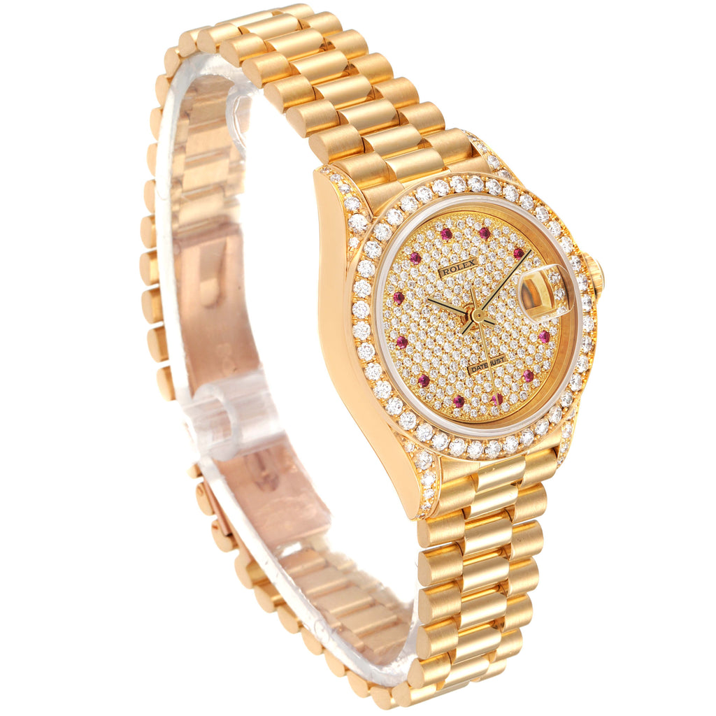 Rolex President Yellow Gold Diamond Rubies Ladies Watch 69158 Box Papers