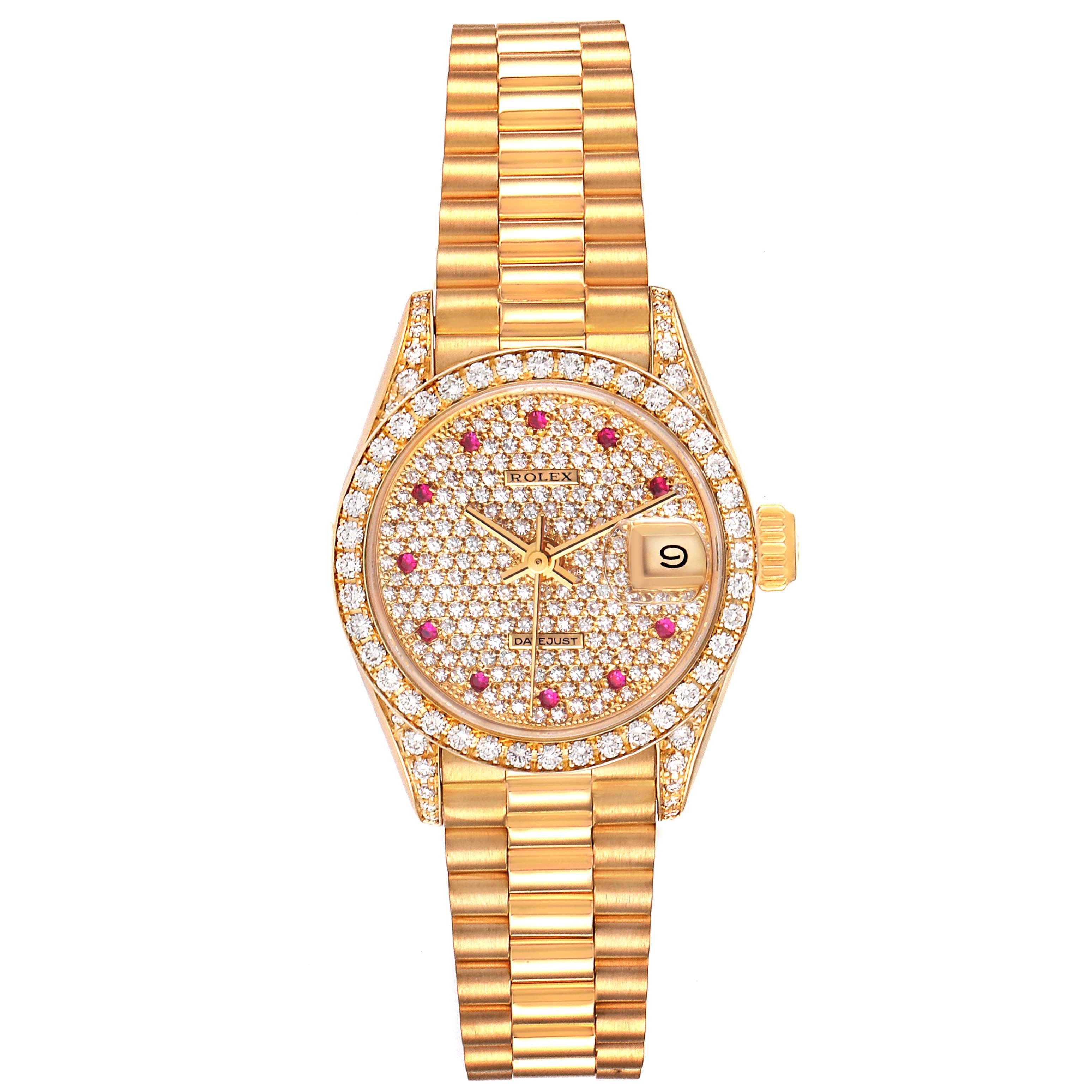 Rolex President Yellow Gold Diamond Rubies Ladies Watch 69158 Box Papers