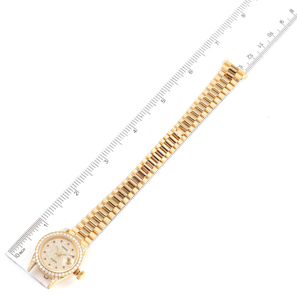 Rolex President Yellow Gold Diamond Rubies Ladies Watch 69158 Box Papers