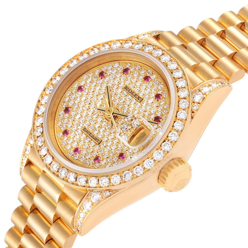 Rolex President Yellow Gold Diamond Rubies Ladies Watch 69158 Box Papers
