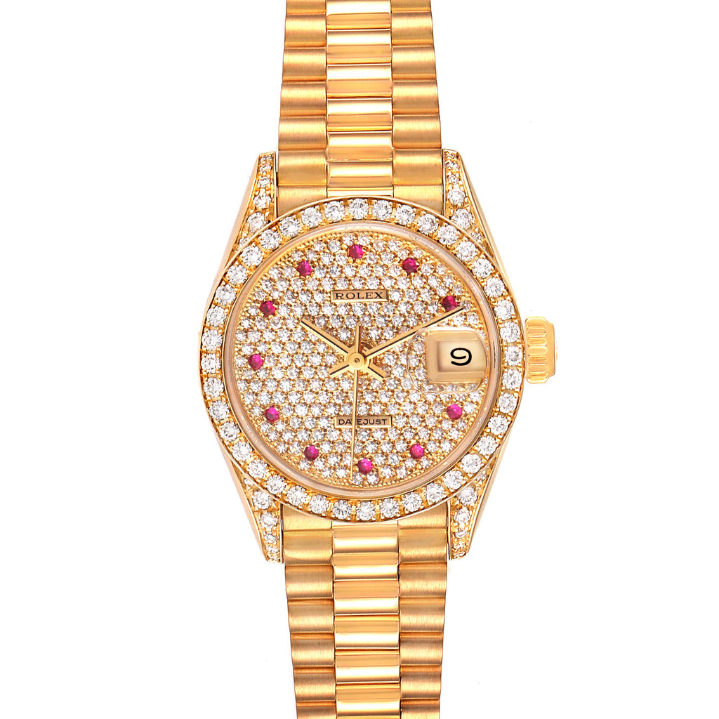 Rolex President Yellow Gold Diamond Rubies Ladies Watch 69158 Box Papers