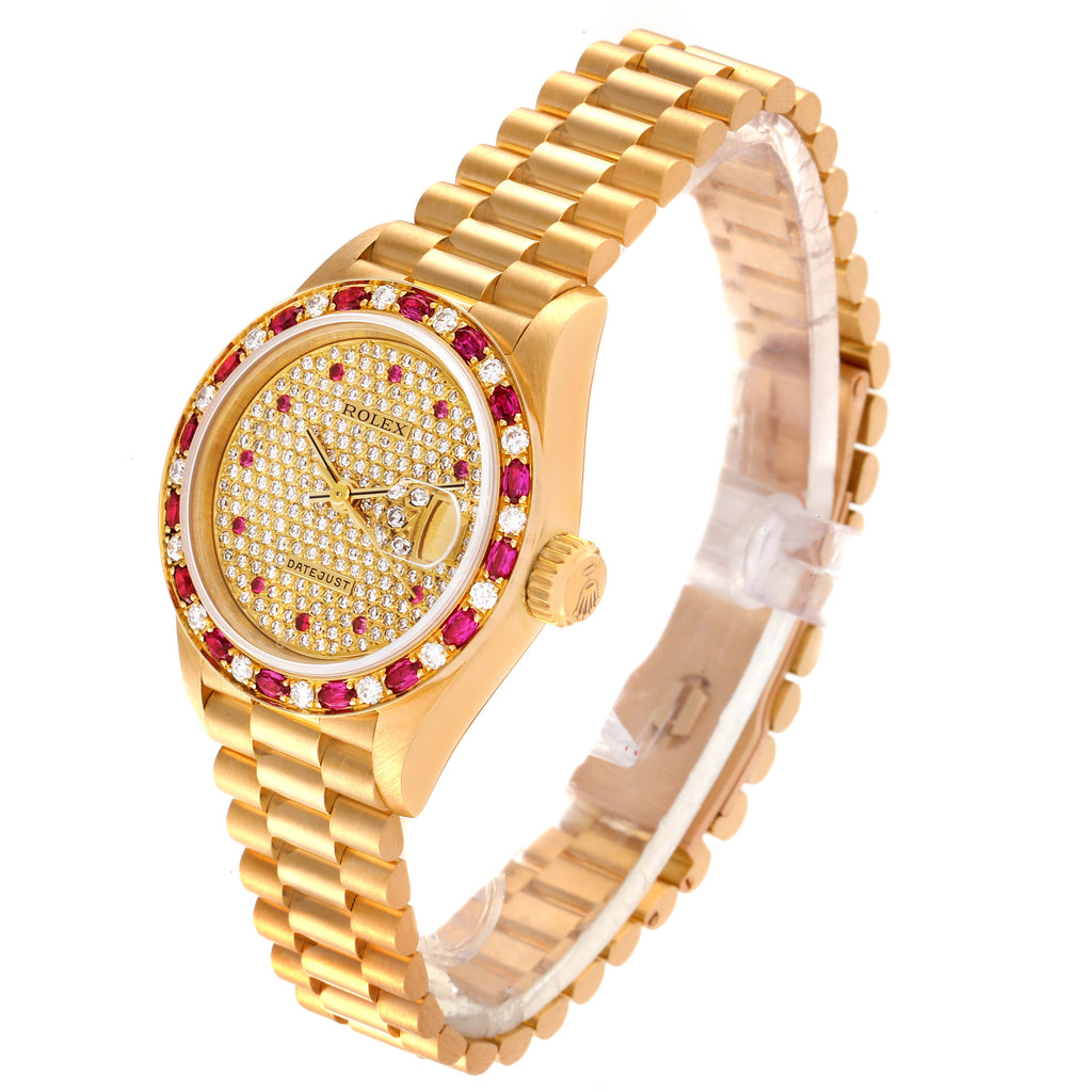 Rolex President Yellow Gold Diamond Ruby Ladies Watch 69198 Box Papers