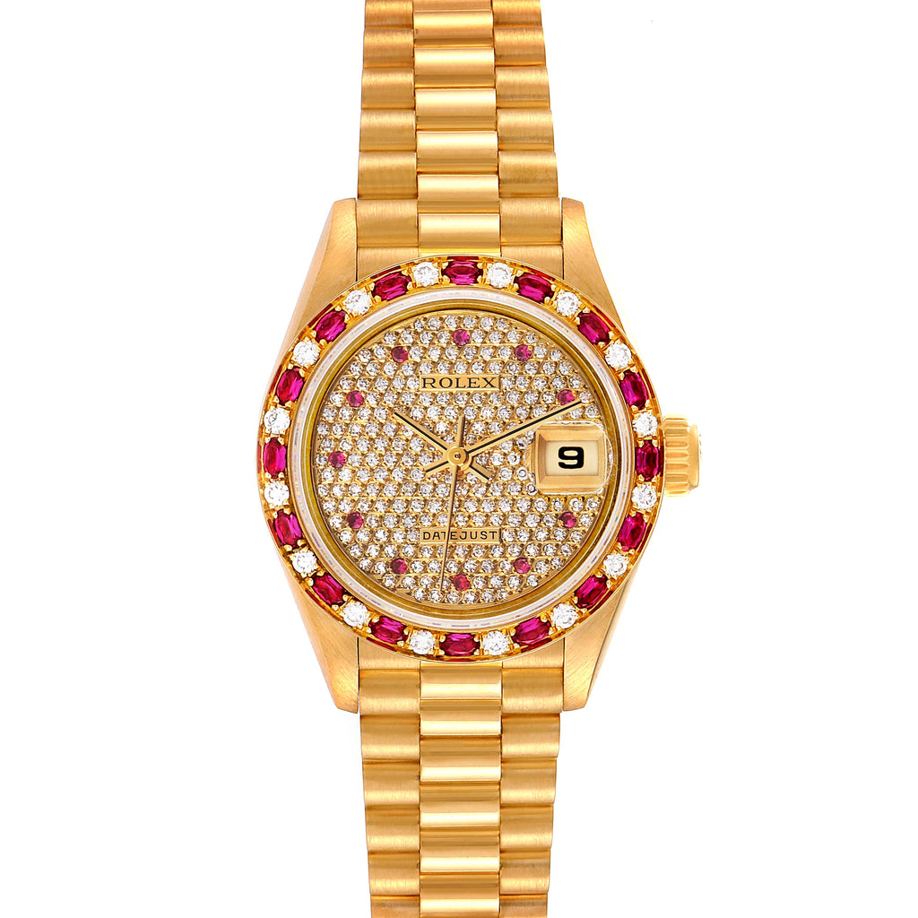 Rolex President Yellow Gold Diamond Ruby Ladies Watch 69198 Box Papers