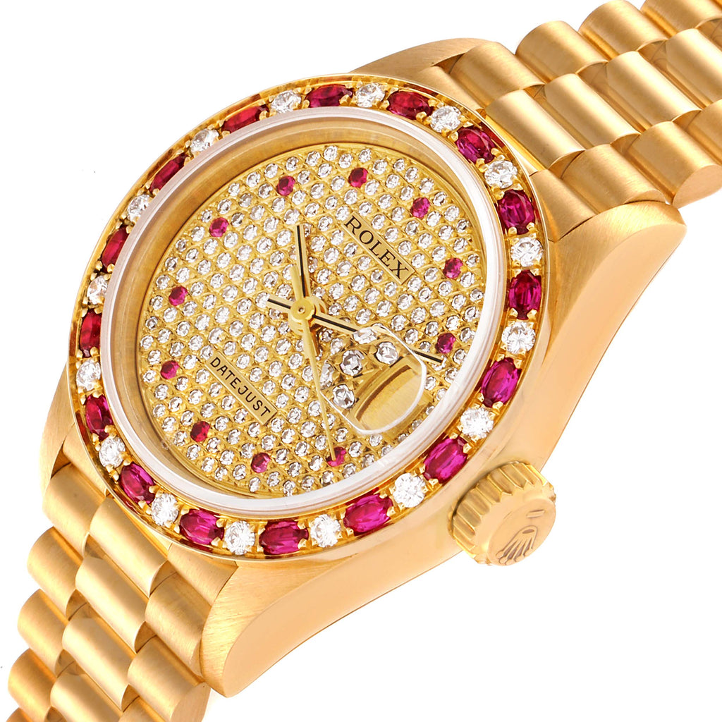 Rolex President Yellow Gold Diamond Ruby Ladies Watch 69198 Box Papers