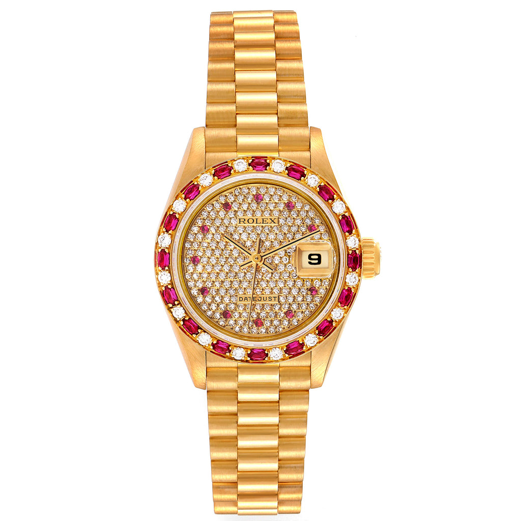 Rolex President Yellow Gold Diamond Ruby Ladies Watch 69198 Box Papers