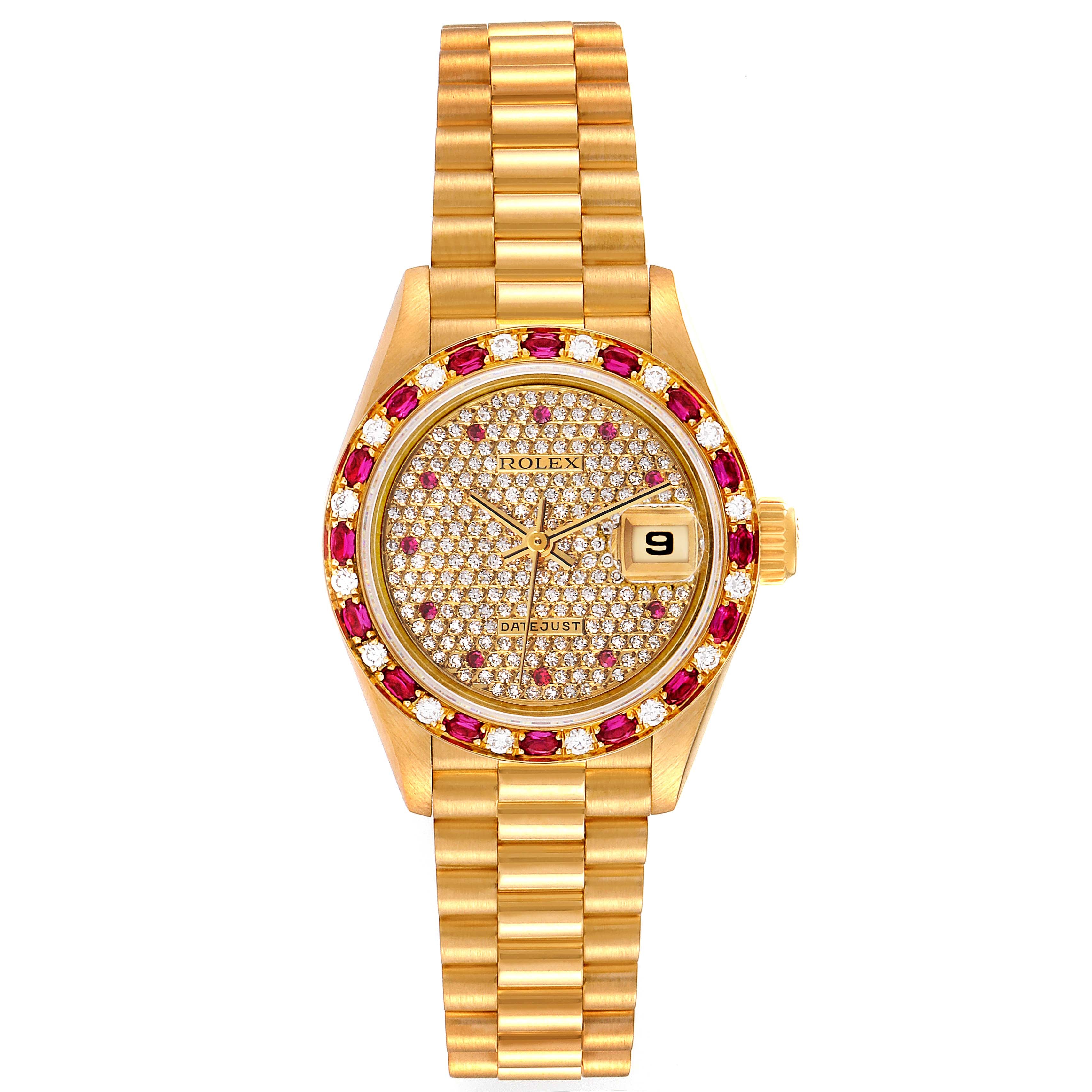 Rolex President Yellow Gold Diamond Ruby Ladies Watch 69198 Box Papers