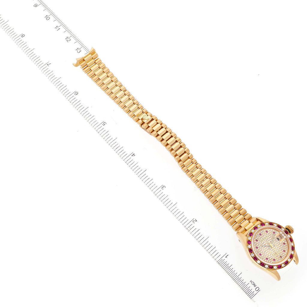 Rolex President Yellow Gold Diamond Ruby Ladies Watch 69198 Box Papers