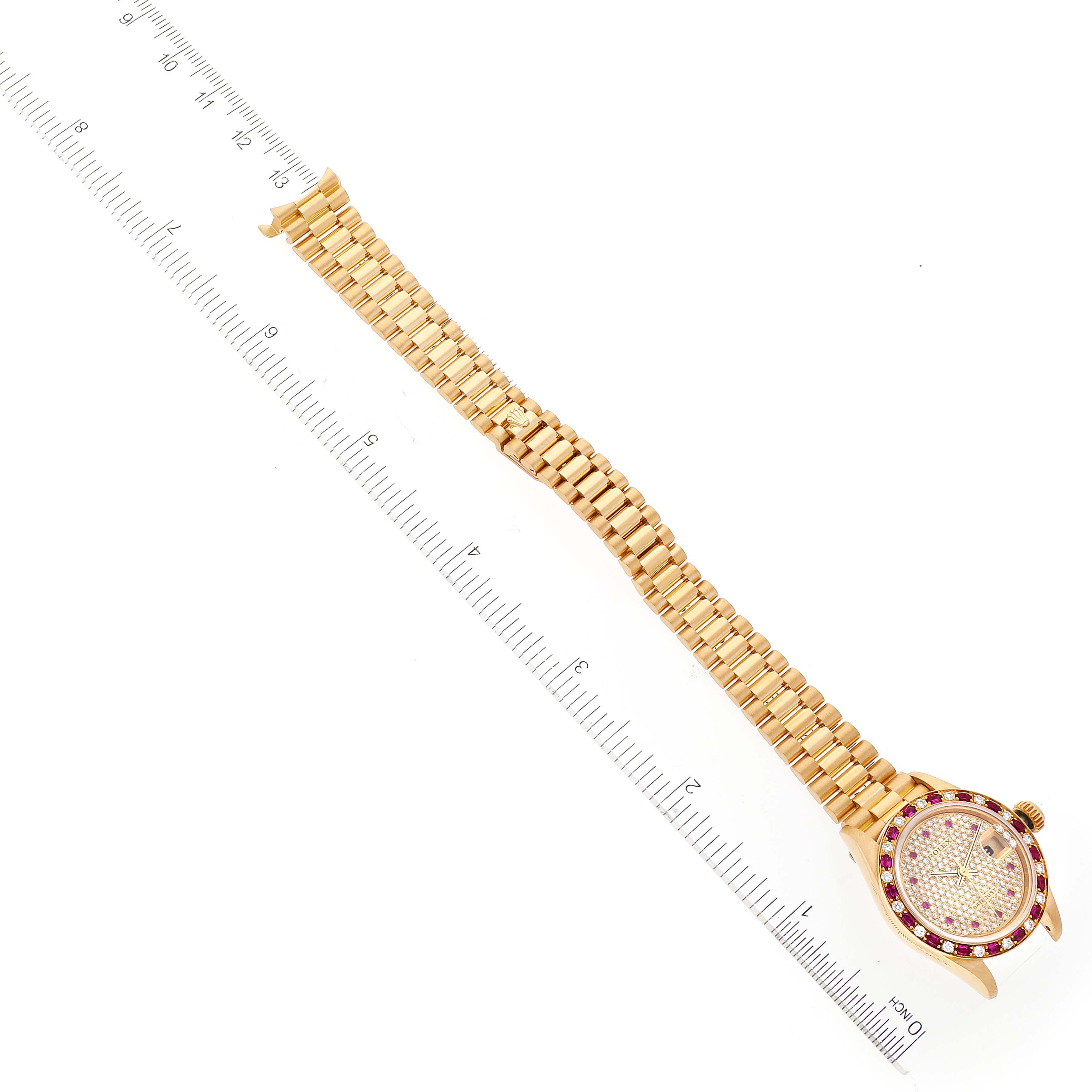 Rolex President Yellow Gold Diamond Ruby Ladies Watch 69198 Box Papers
