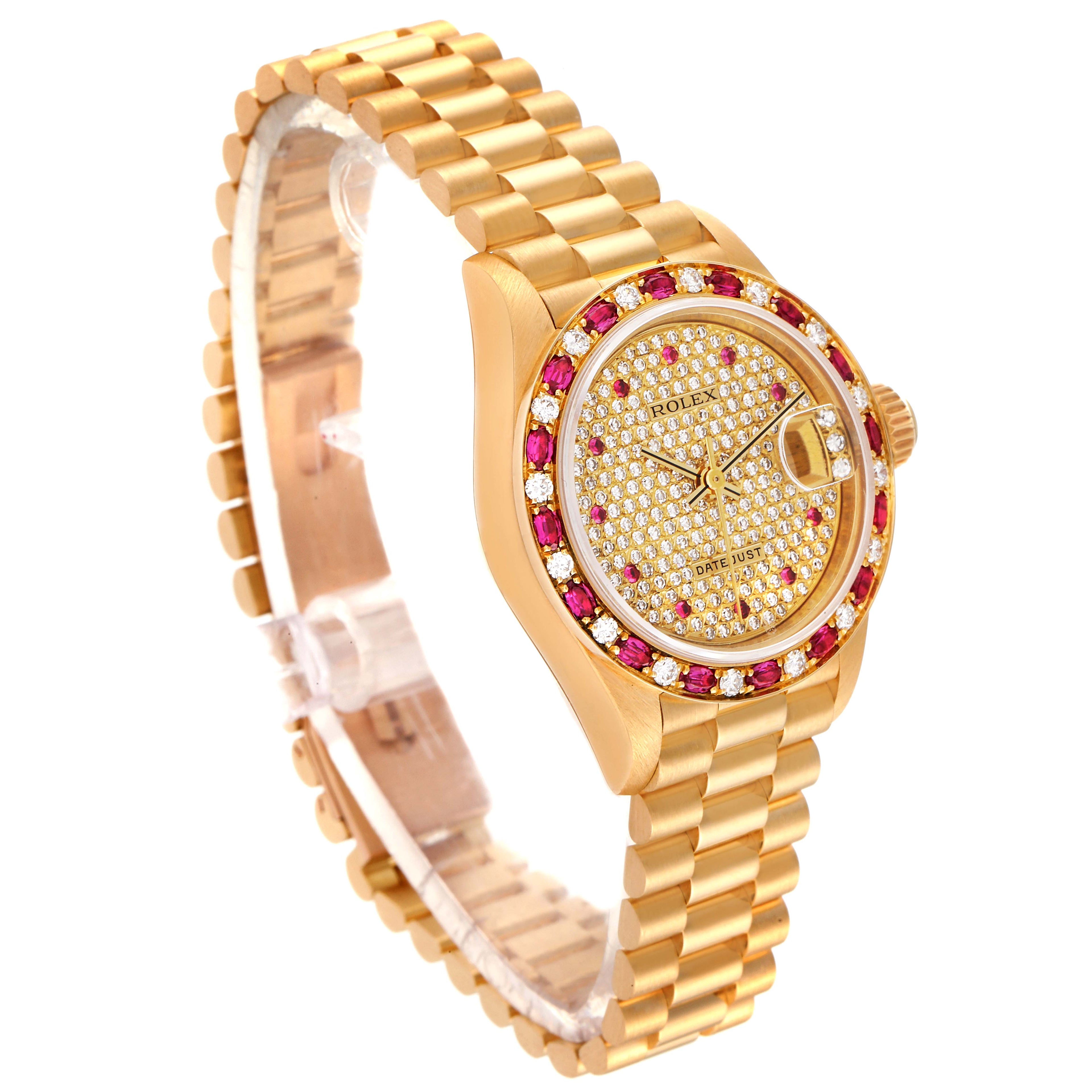 Rolex President Yellow Gold Diamond Ruby Ladies Watch 69198 Box Papers