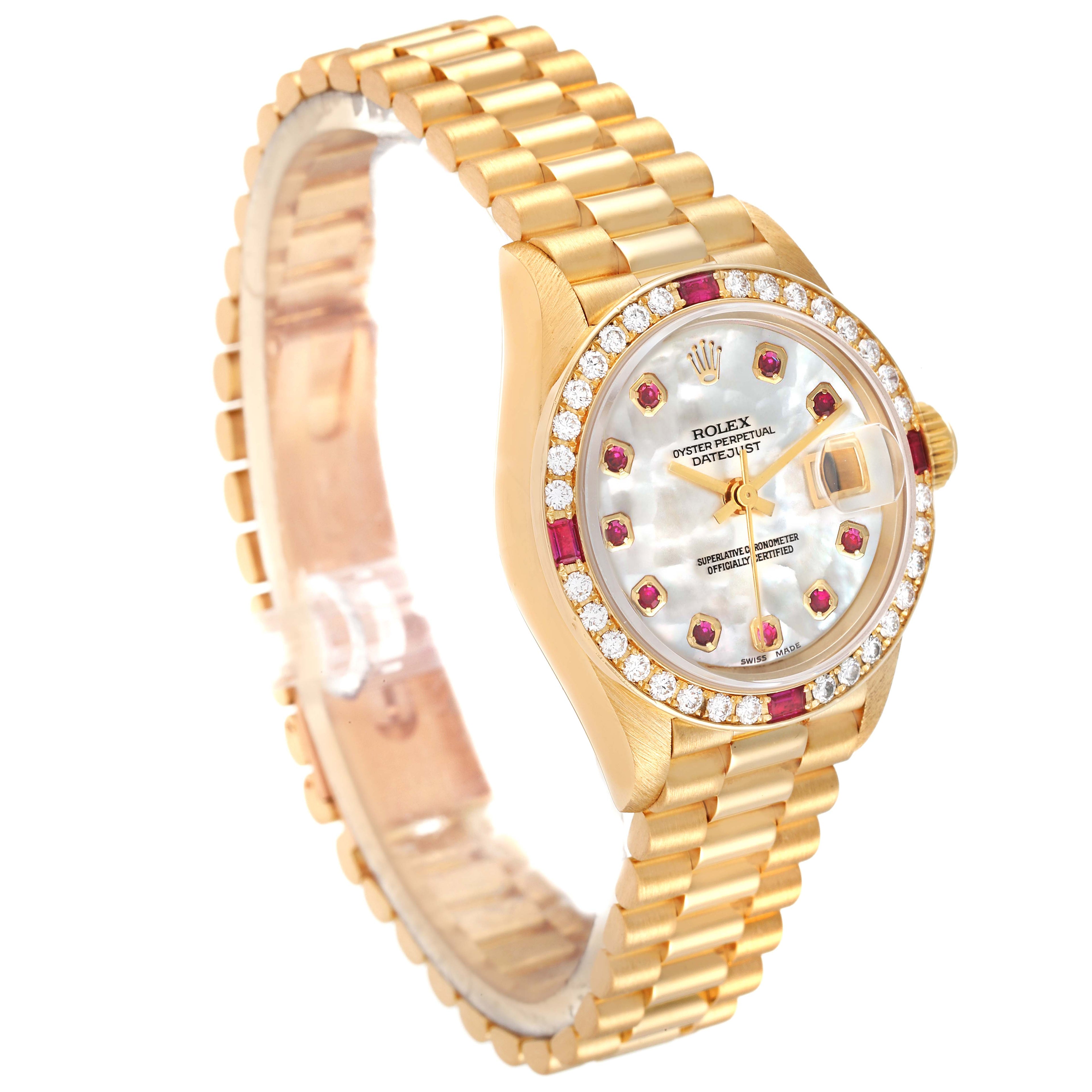Rolex President Yellow Gold Mother of Pearl Diamond Ruby Ladies Watch 69068