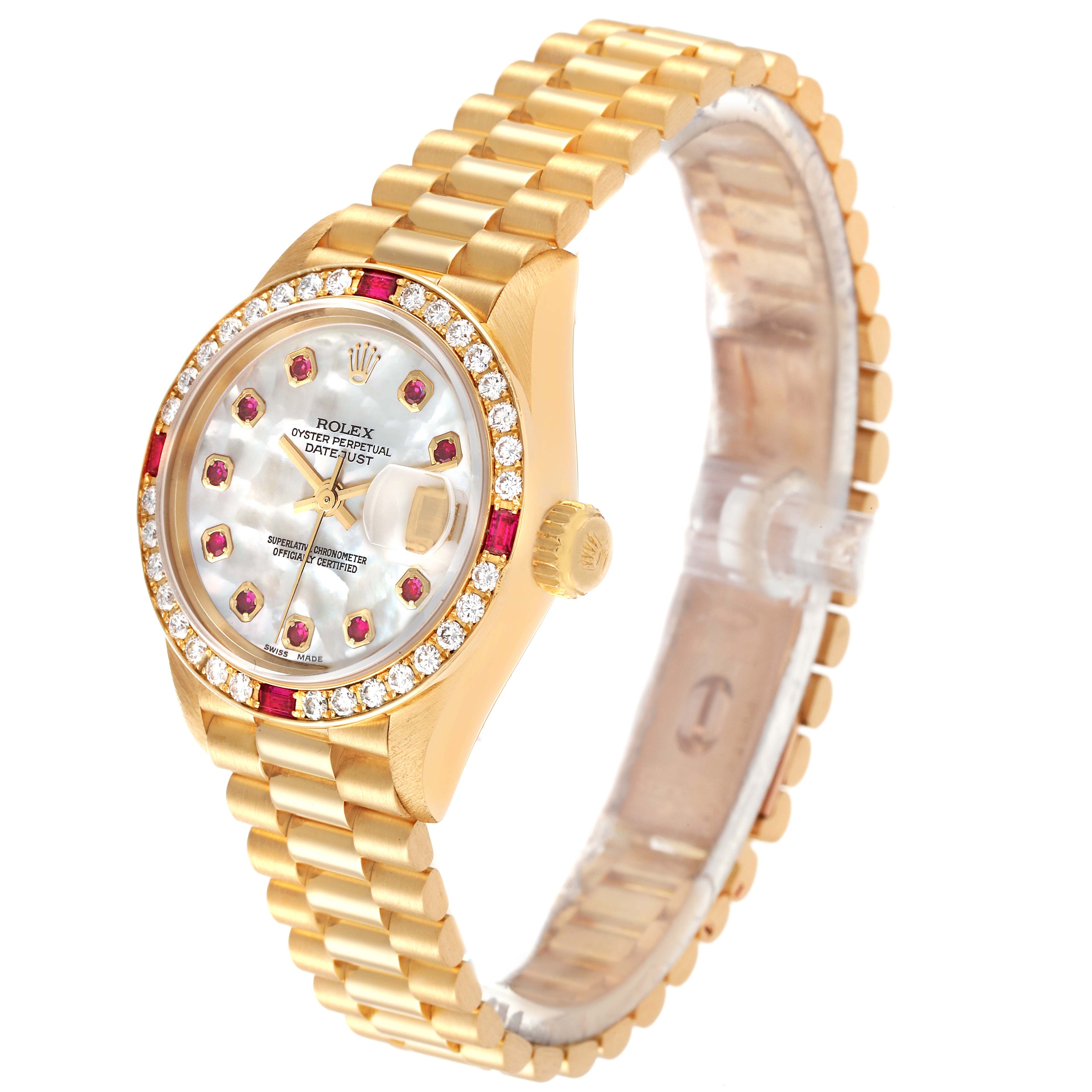 Rolex President Yellow Gold Mother of Pearl Diamond Ruby Ladies Watch 69068