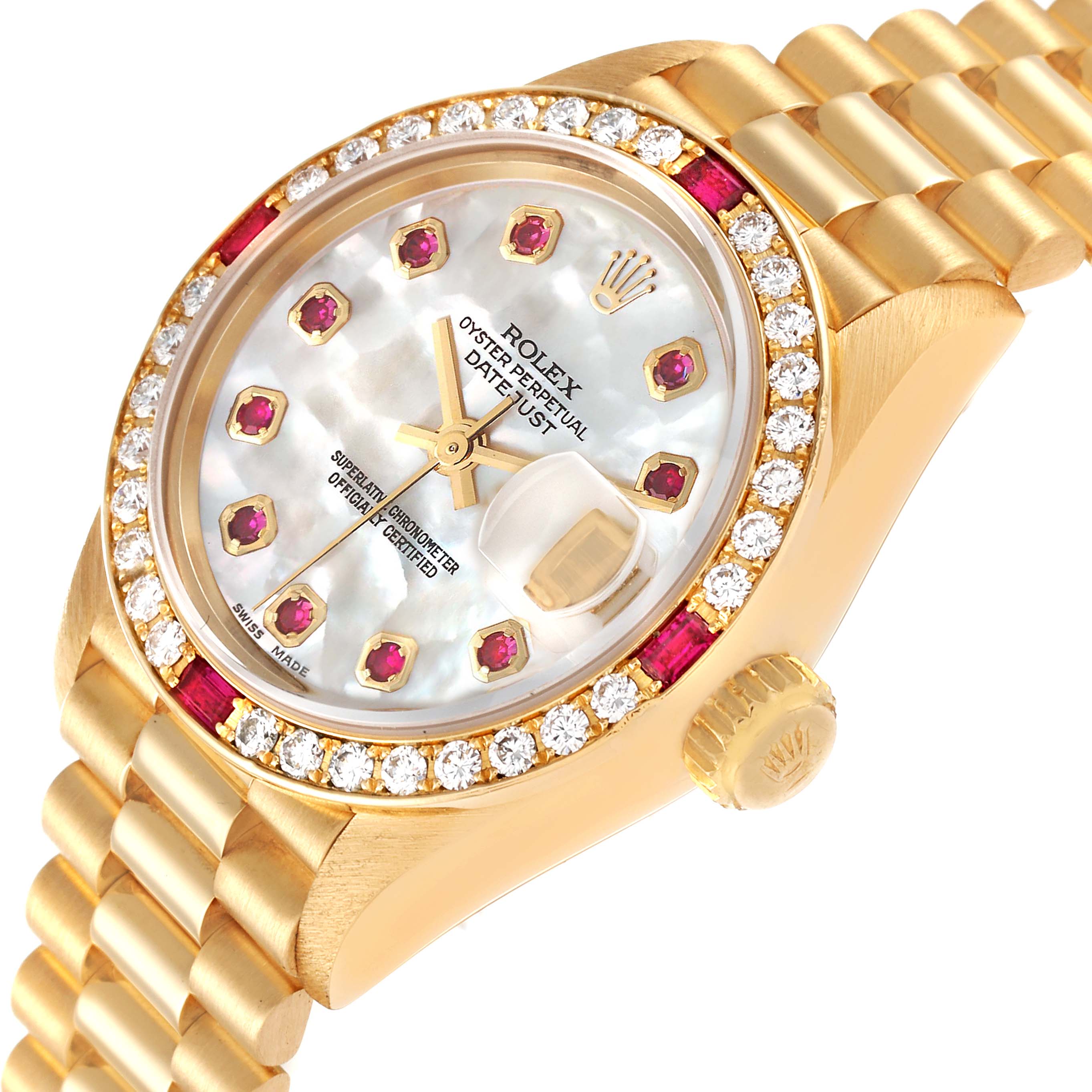 Rolex President Yellow Gold Mother of Pearl Diamond Ruby Ladies Watch 69068