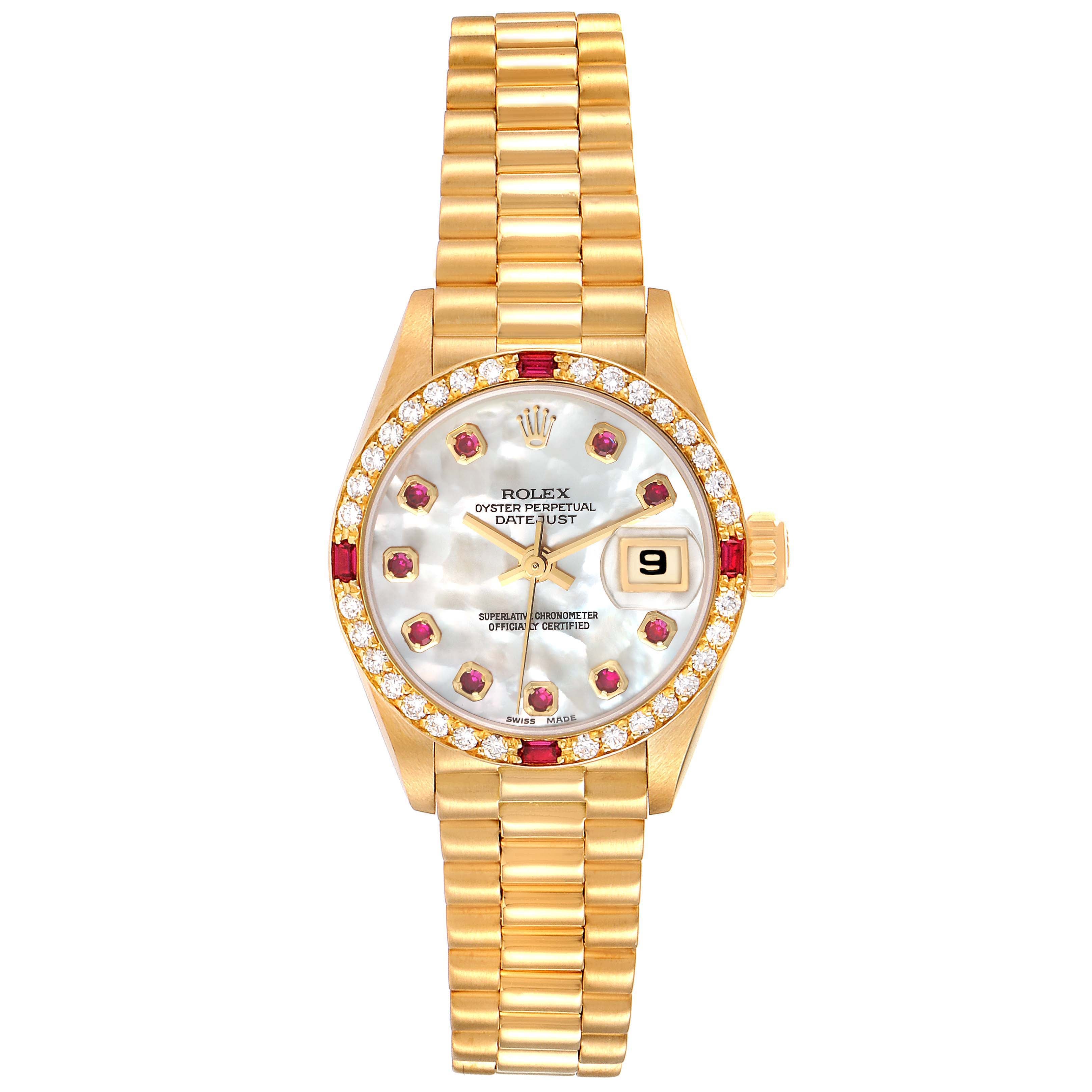 Rolex President Yellow Gold Mother of Pearl Diamond Ruby Ladies Watch 69068