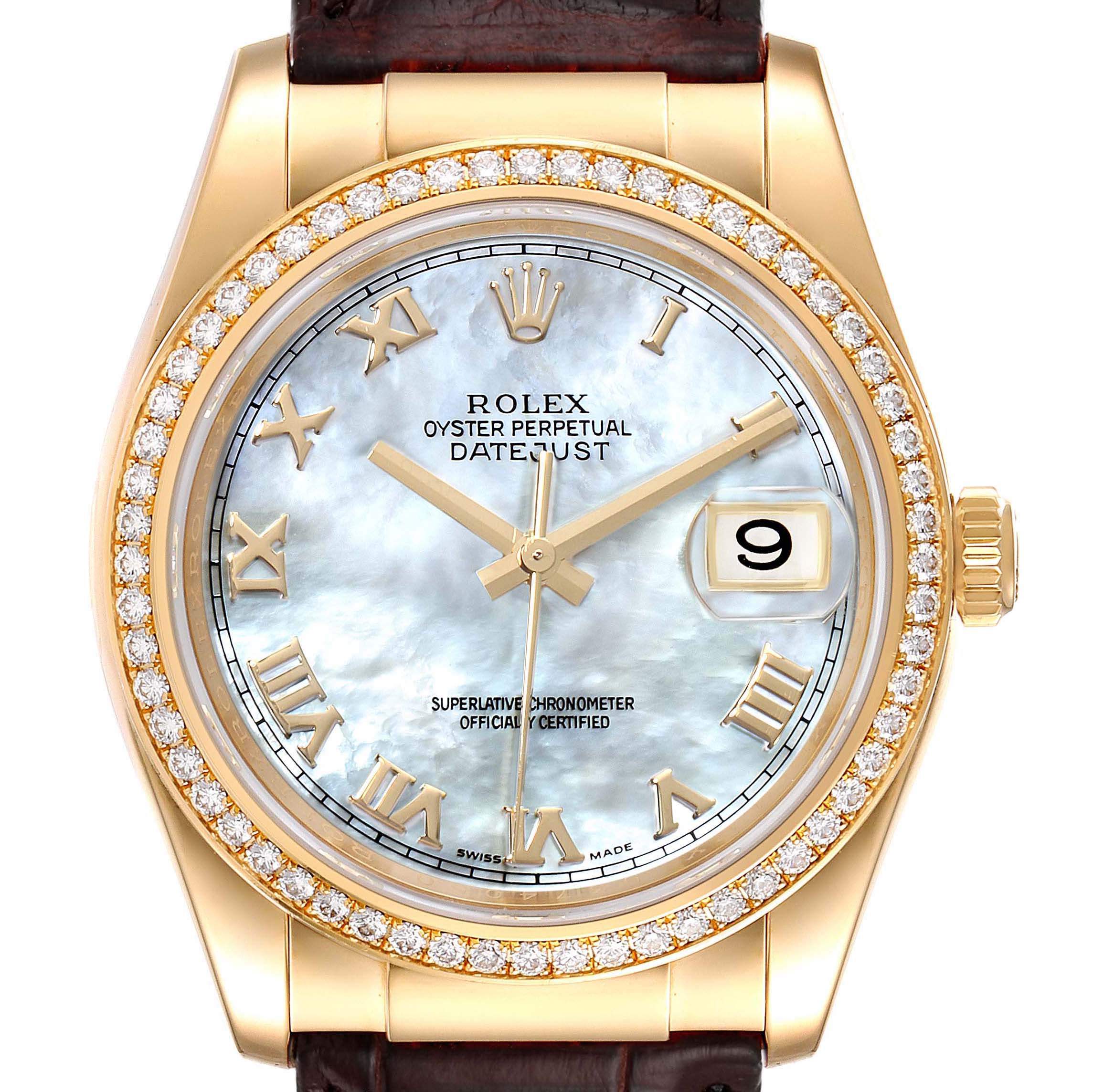 Rolex Datejust Yellow Gold Mother of Pearl Diamond Mens Watch 116188 Box Card
