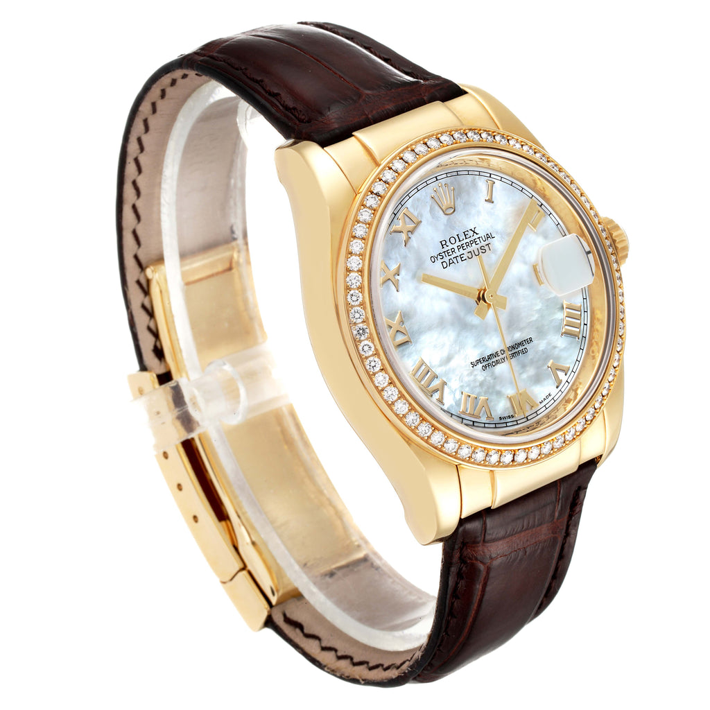 Rolex Datejust Yellow Gold Mother of Pearl Diamond Mens Watch 116188 Box Card