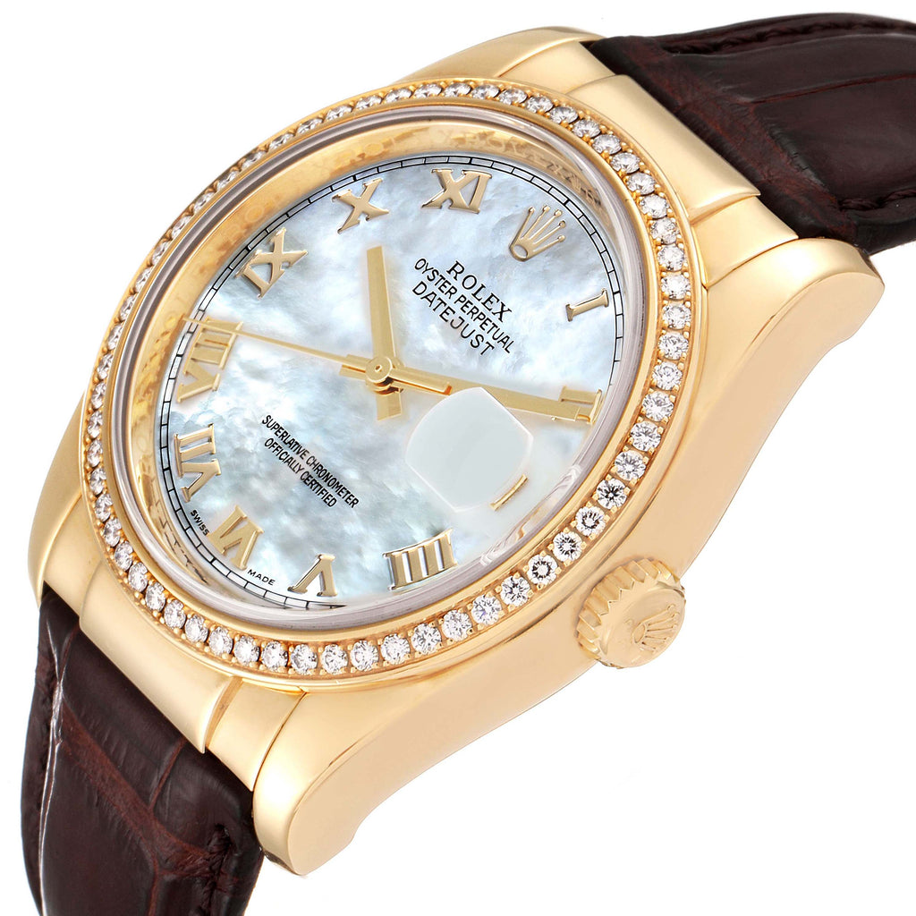 Rolex Datejust Yellow Gold Mother of Pearl Diamond Mens Watch 116188 Box Card