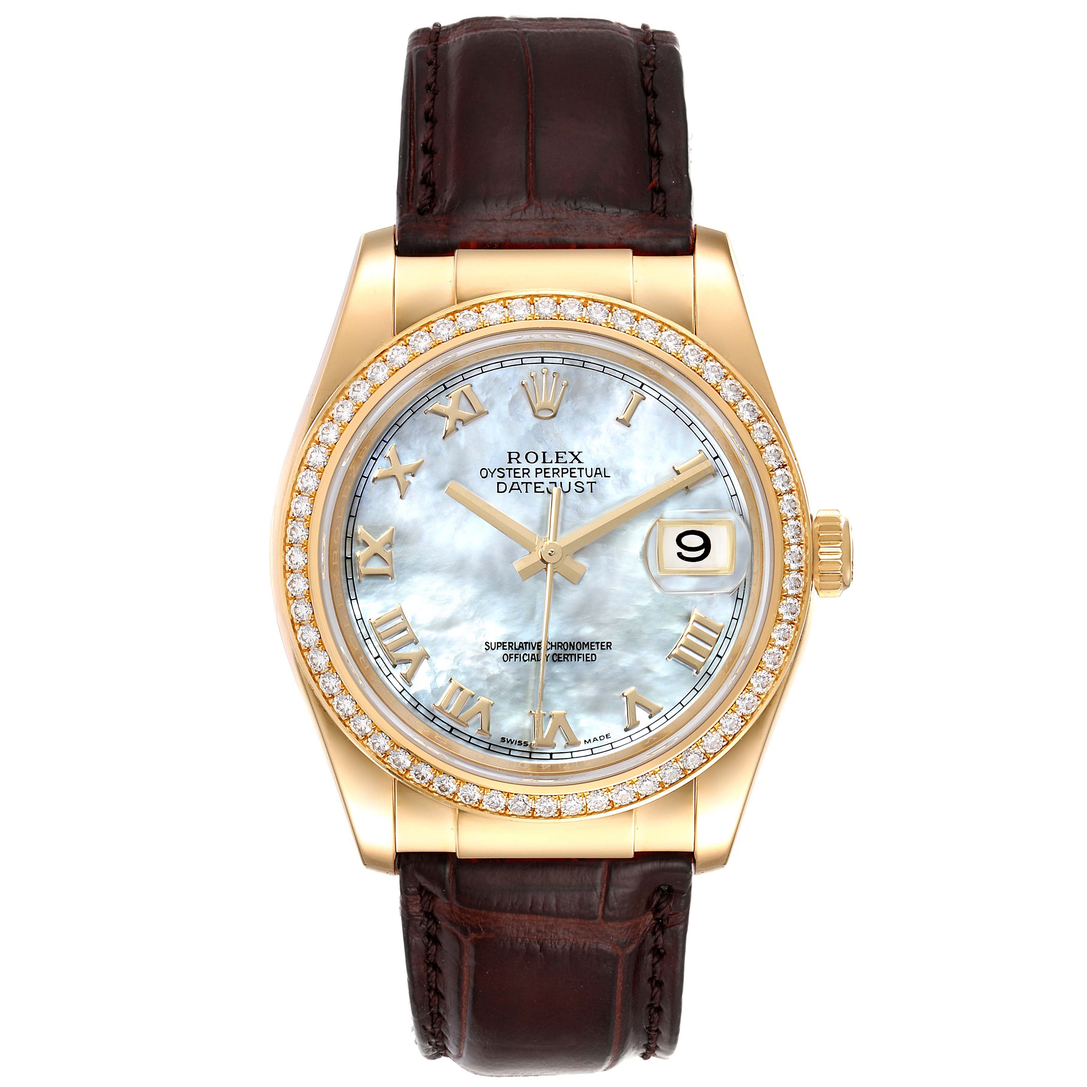 Rolex Datejust Yellow Gold Mother of Pearl Diamond Mens Watch 116188 Box Card