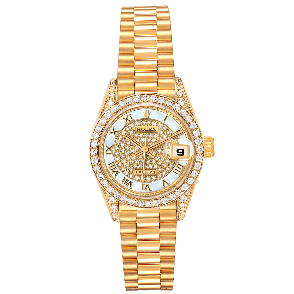 Rolex President Yellow Gold MOP Diamond Ladies Watch 69158 Box Papers