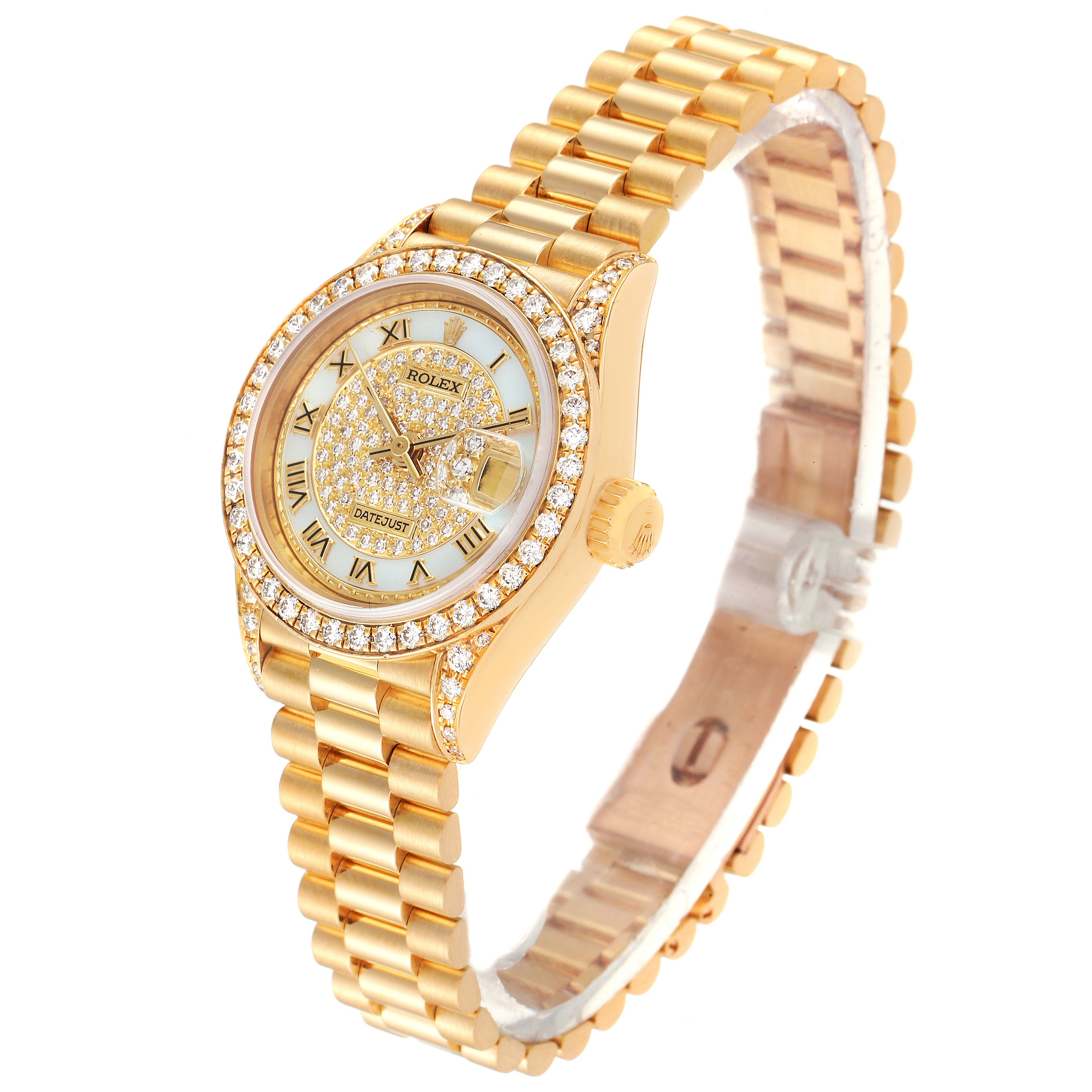 Rolex President Yellow Gold MOP Diamond Ladies Watch 69158 Box Papers