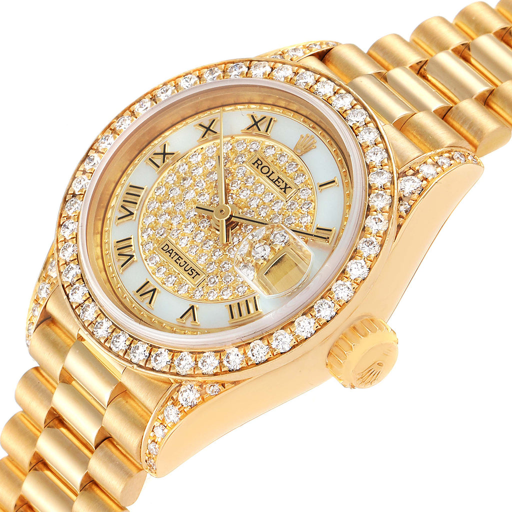 Rolex President Yellow Gold MOP Diamond Ladies Watch 69158 Box Papers