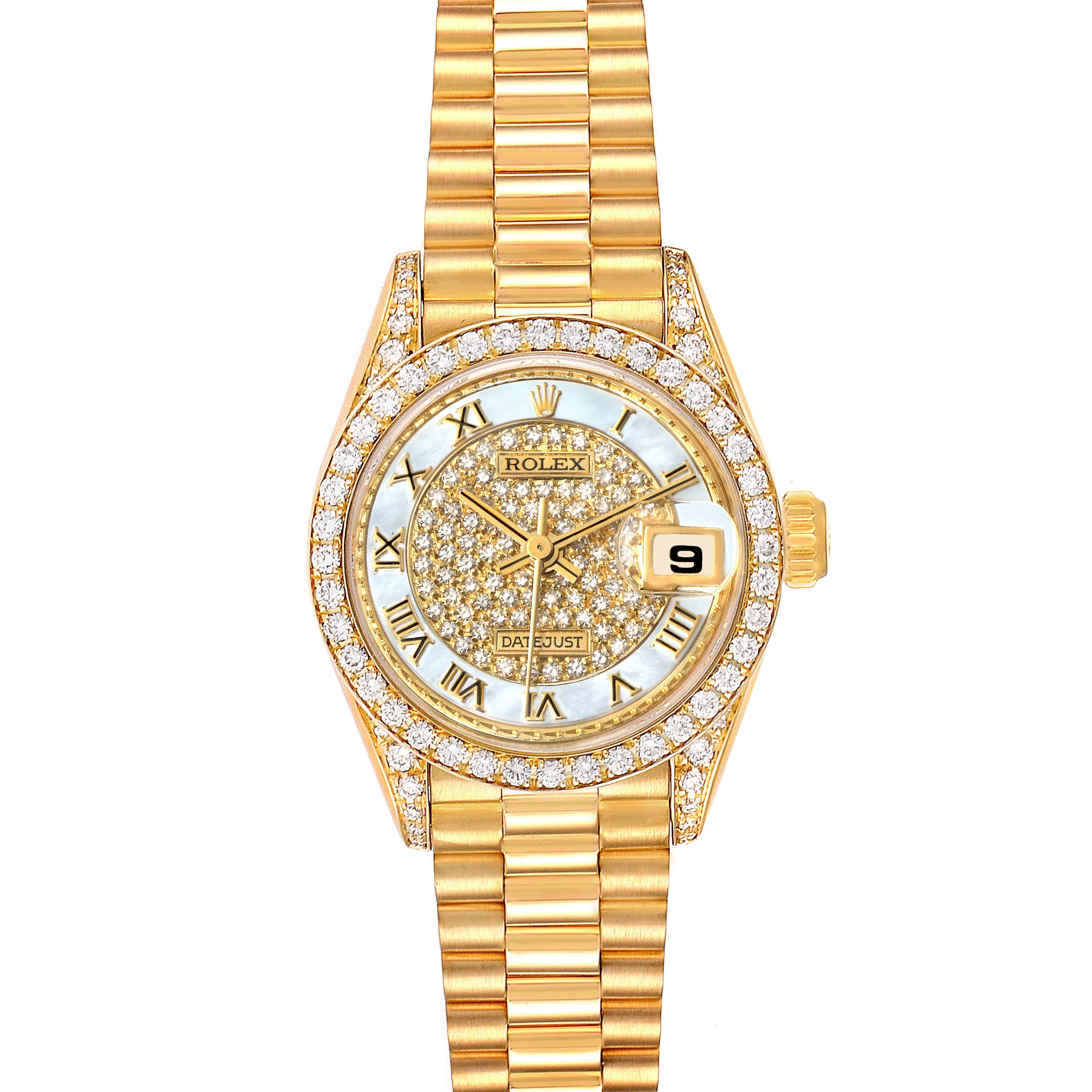 Rolex President Yellow Gold MOP Diamond Ladies Watch 69158 Box Papers