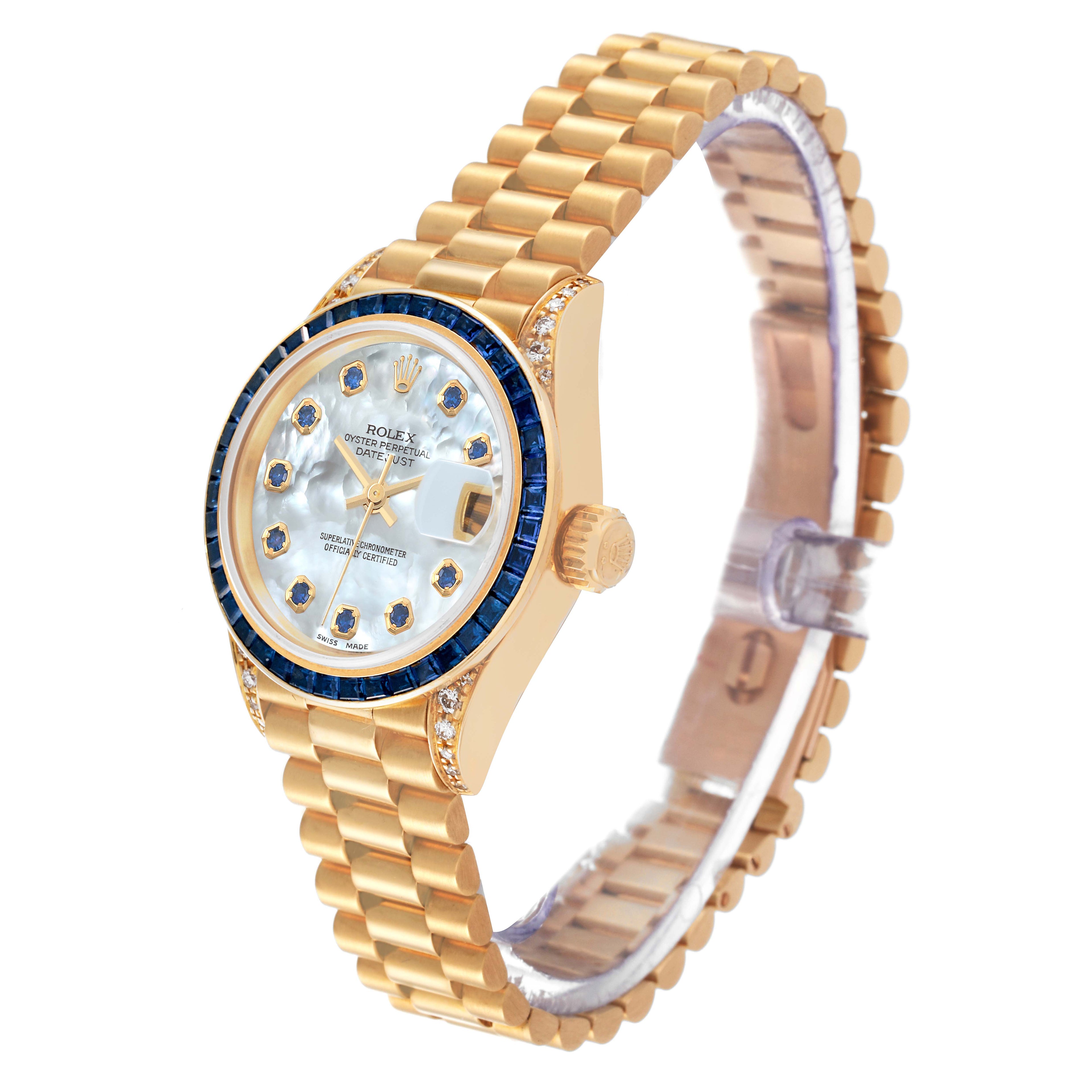 Rolex President Yellow Gold Mother of Pearl Diamond Sapphire Ladies Watch 69028 Box Service Card