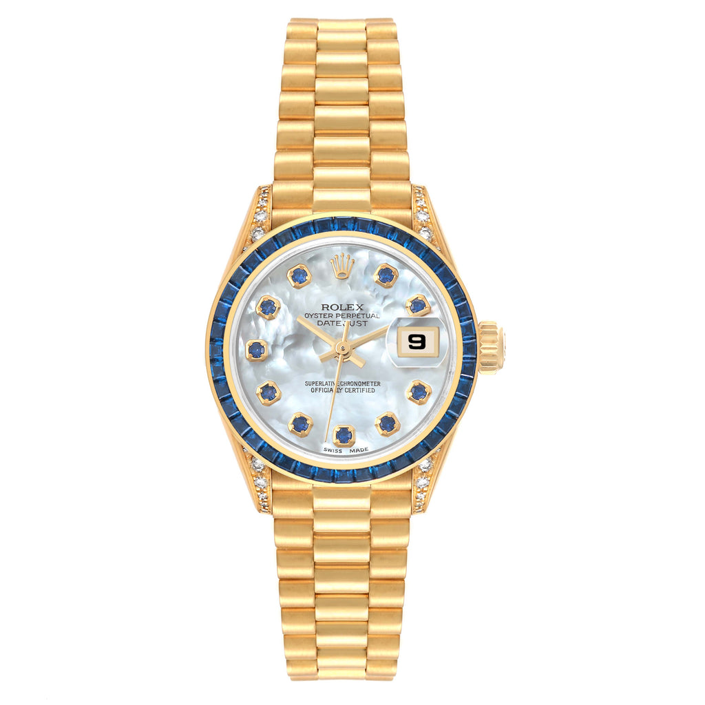 Rolex President Yellow Gold Mother of Pearl Diamond Sapphire Ladies Watch 69028 Box Service Card