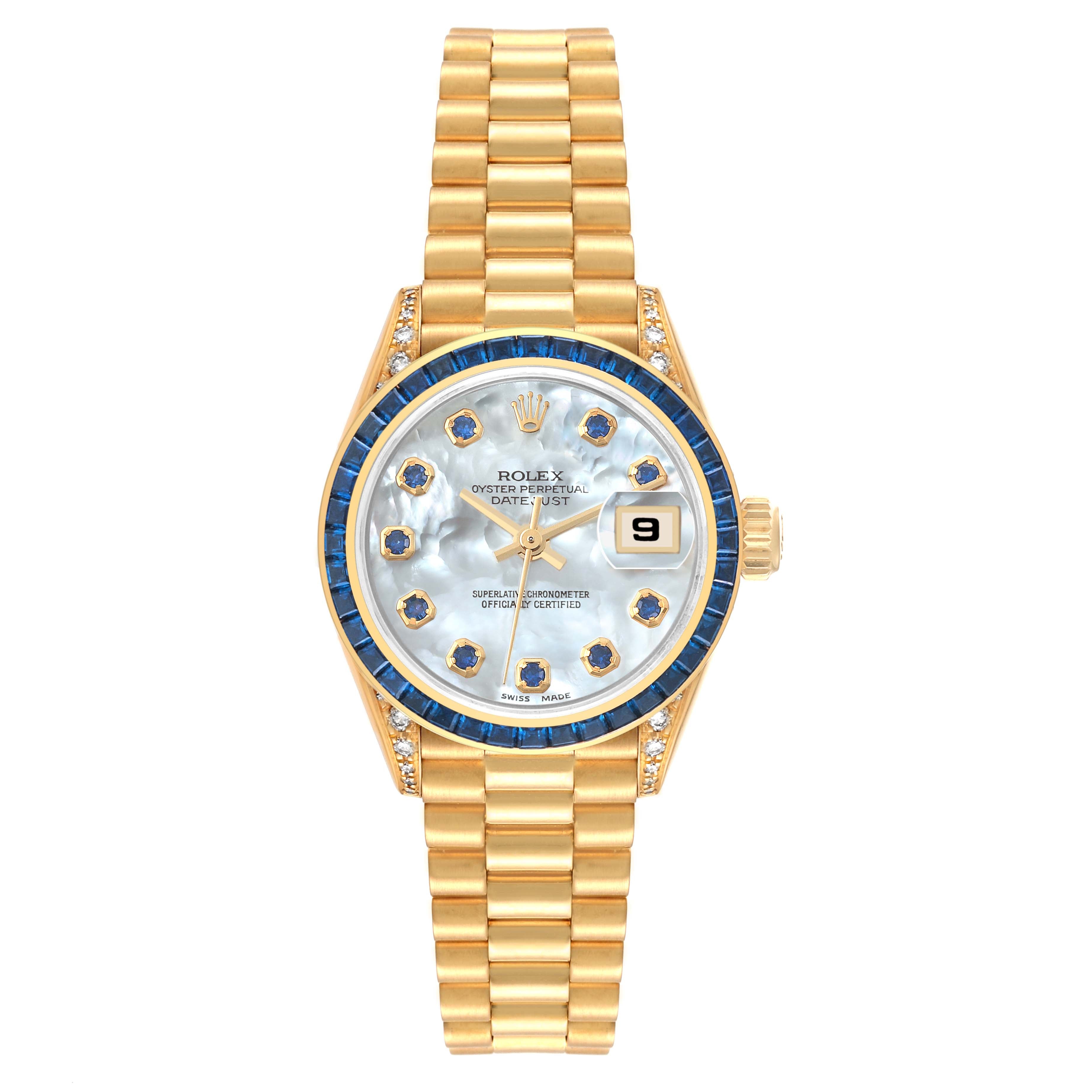 Rolex President Yellow Gold Mother of Pearl Diamond Sapphire Ladies Watch 69028 Box Service Card