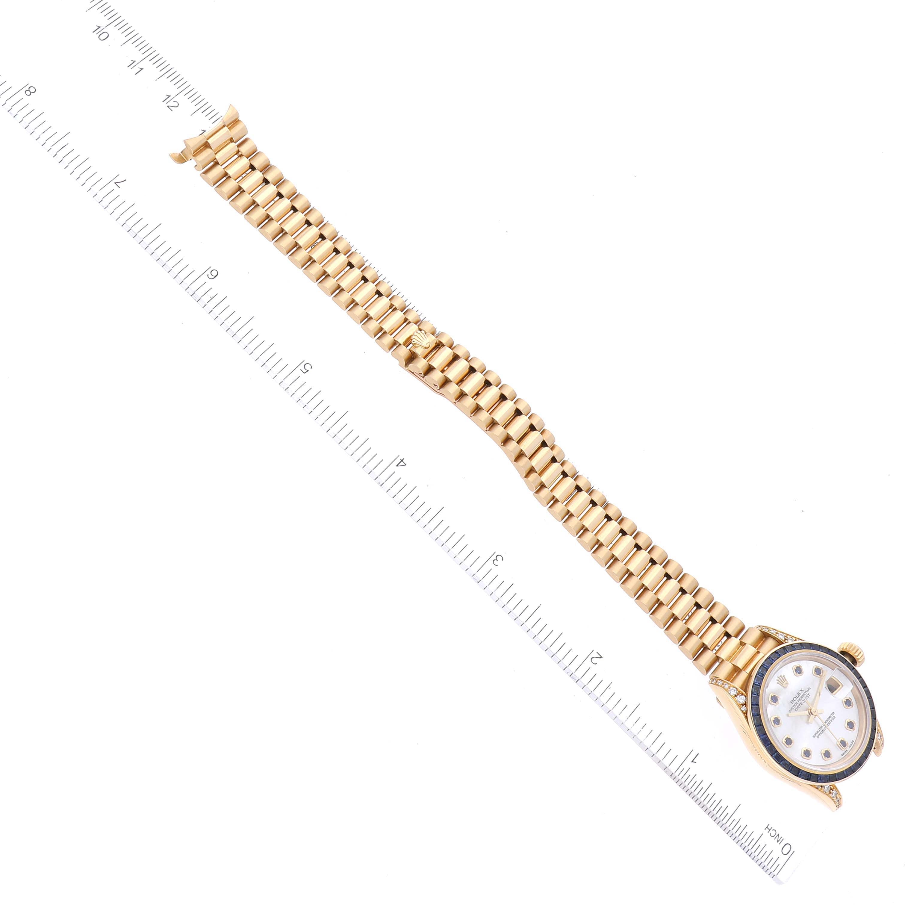 Rolex President Yellow Gold Mother of Pearl Diamond Sapphire Ladies Watch 69028 Box Service Card
