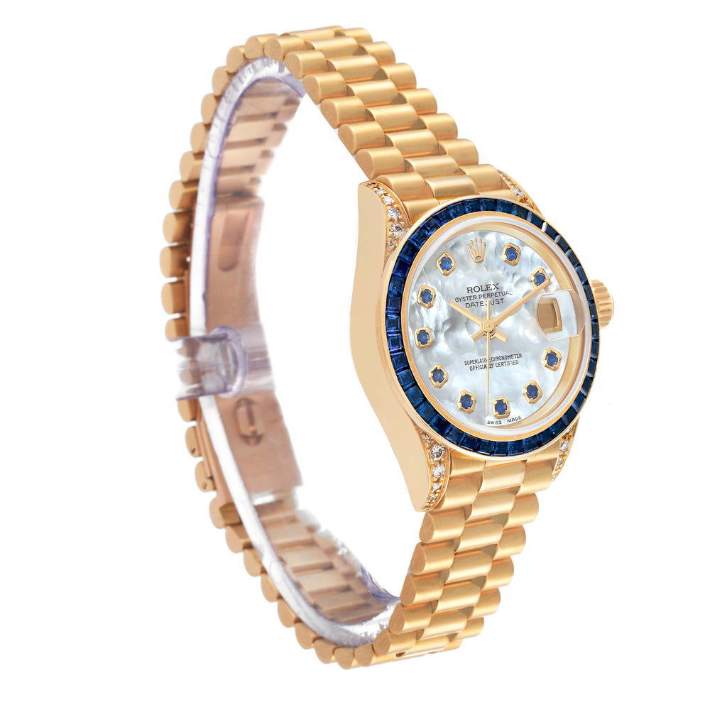 Rolex President Yellow Gold Mother of Pearl Diamond Sapphire Ladies Watch 69028 Box Service Card