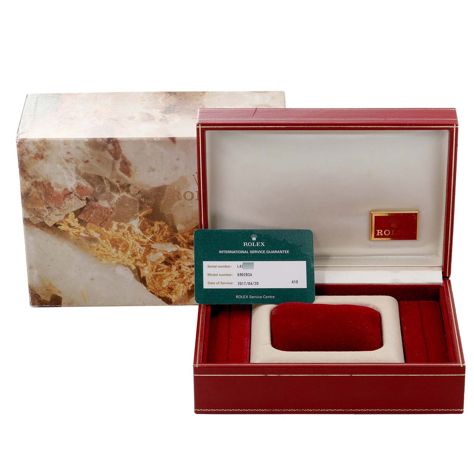 Rolex President Yellow Gold Mother of Pearl Diamond Sapphire Ladies Watch 69028 Box Service Card