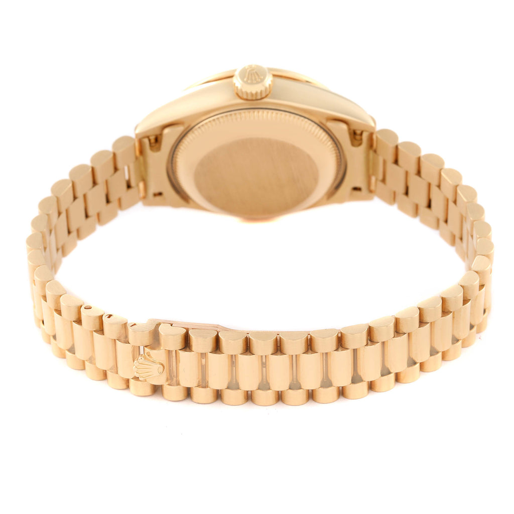 Rolex President Yellow Gold Mother of Pearl Diamond Sapphire Ladies Watch 69028 Box Service Card