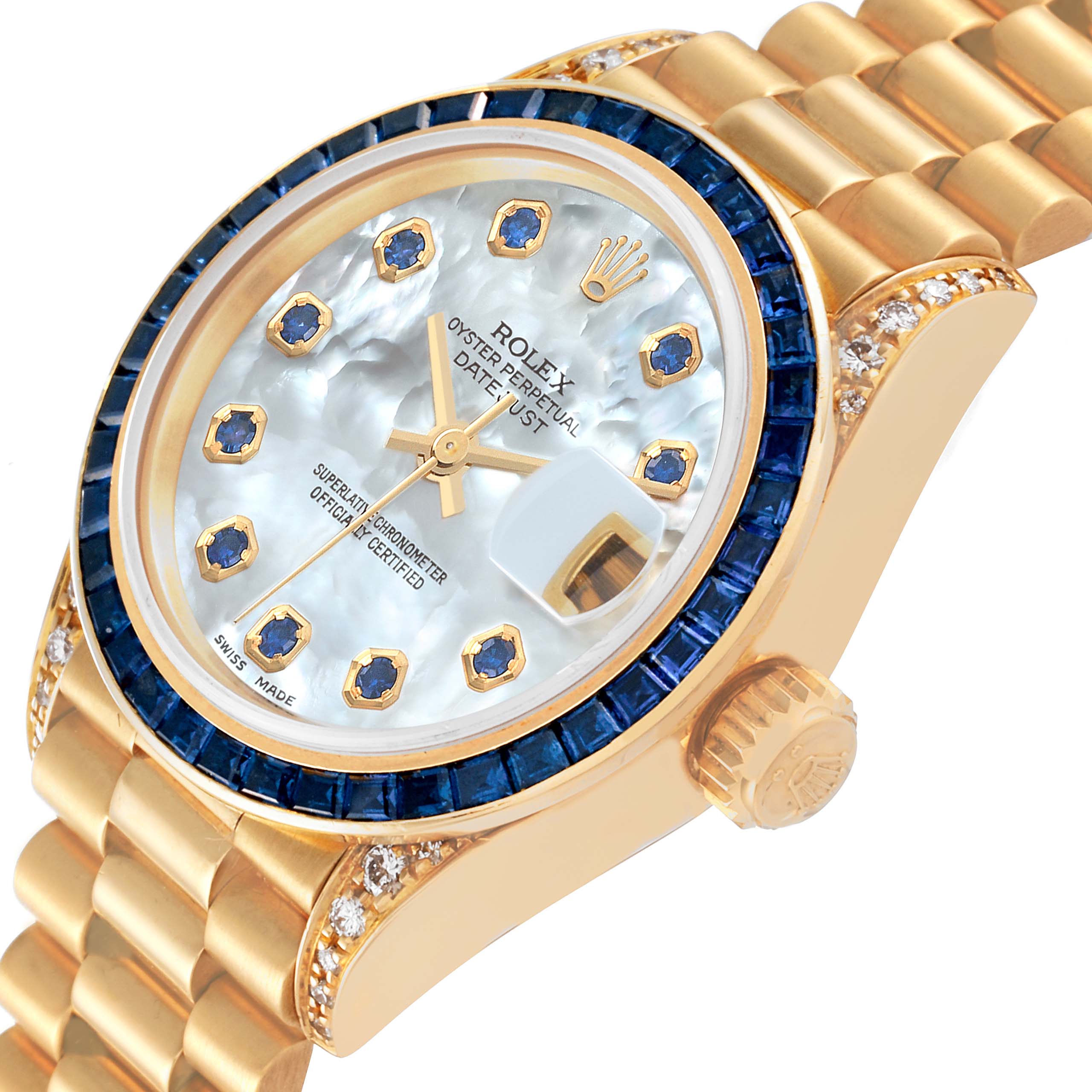 Rolex President Yellow Gold Mother of Pearl Diamond Sapphire Ladies Watch 69028 Box Service Card